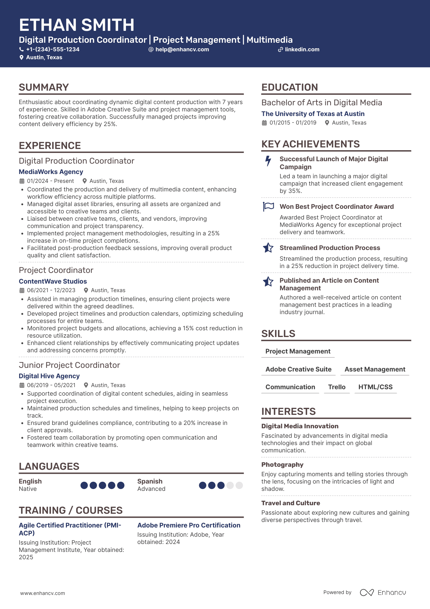 Digital Production Coordinator Resume Example