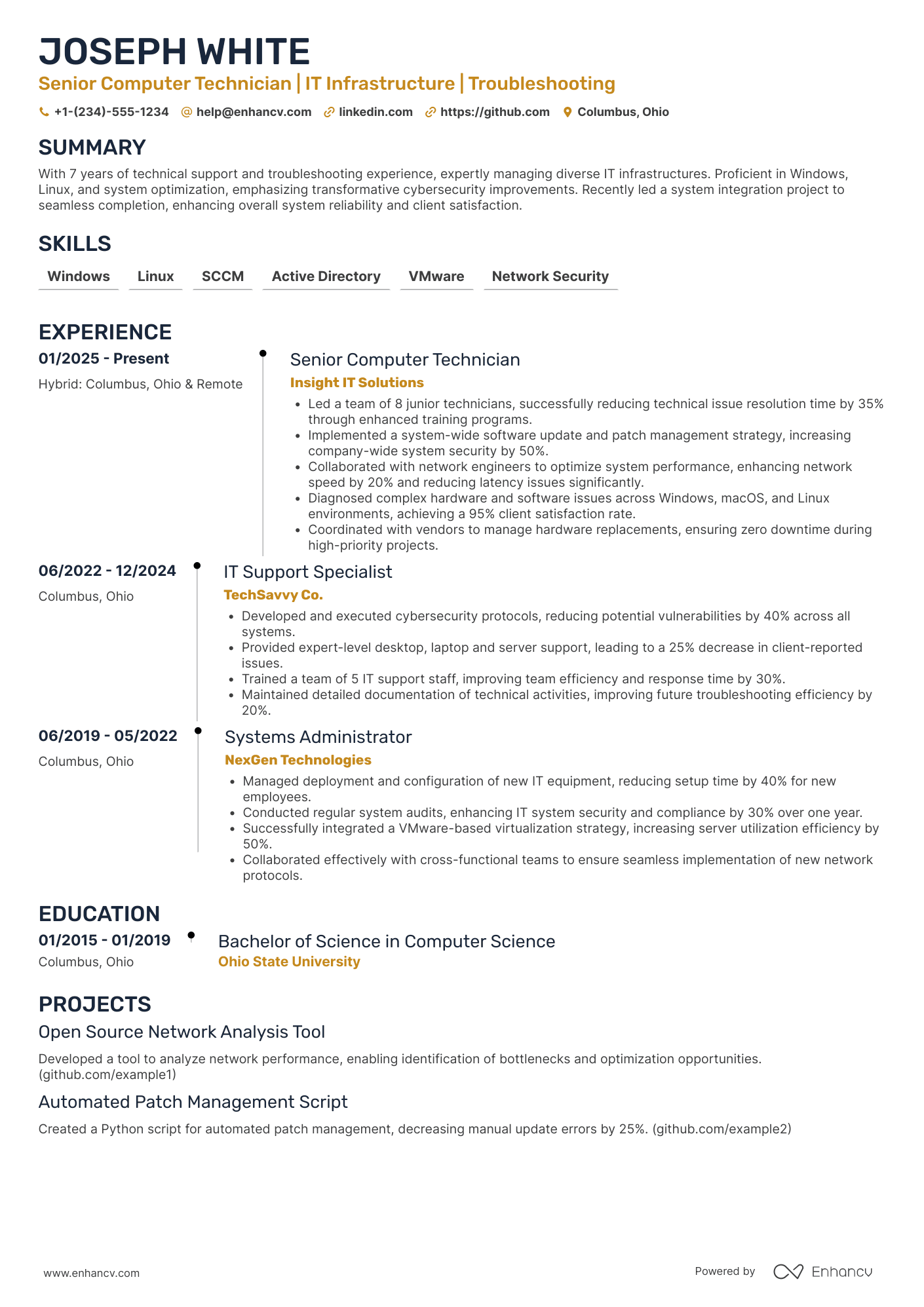 Senior Computer Technician Resume Example