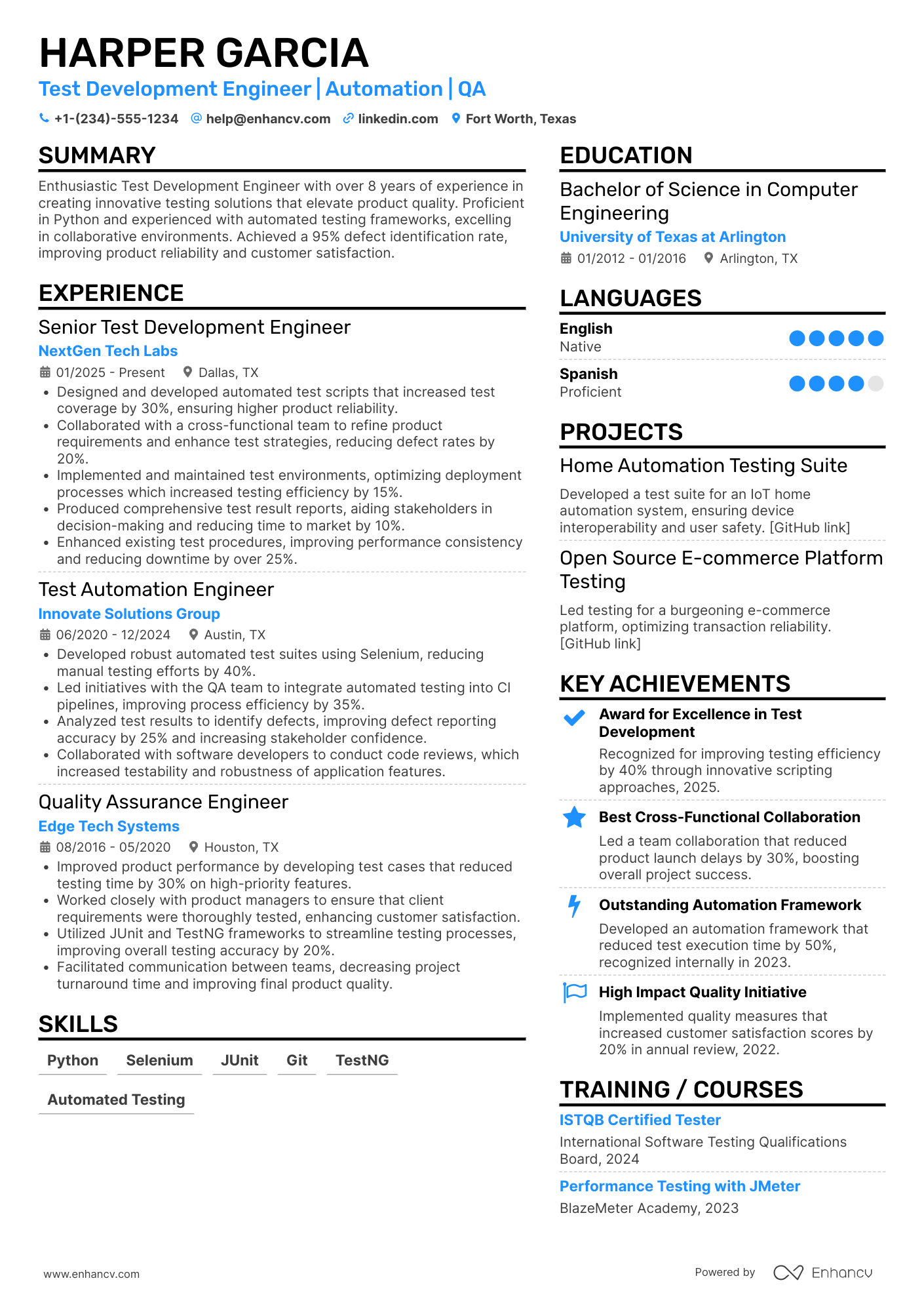 Test Development Engineer Resume Example