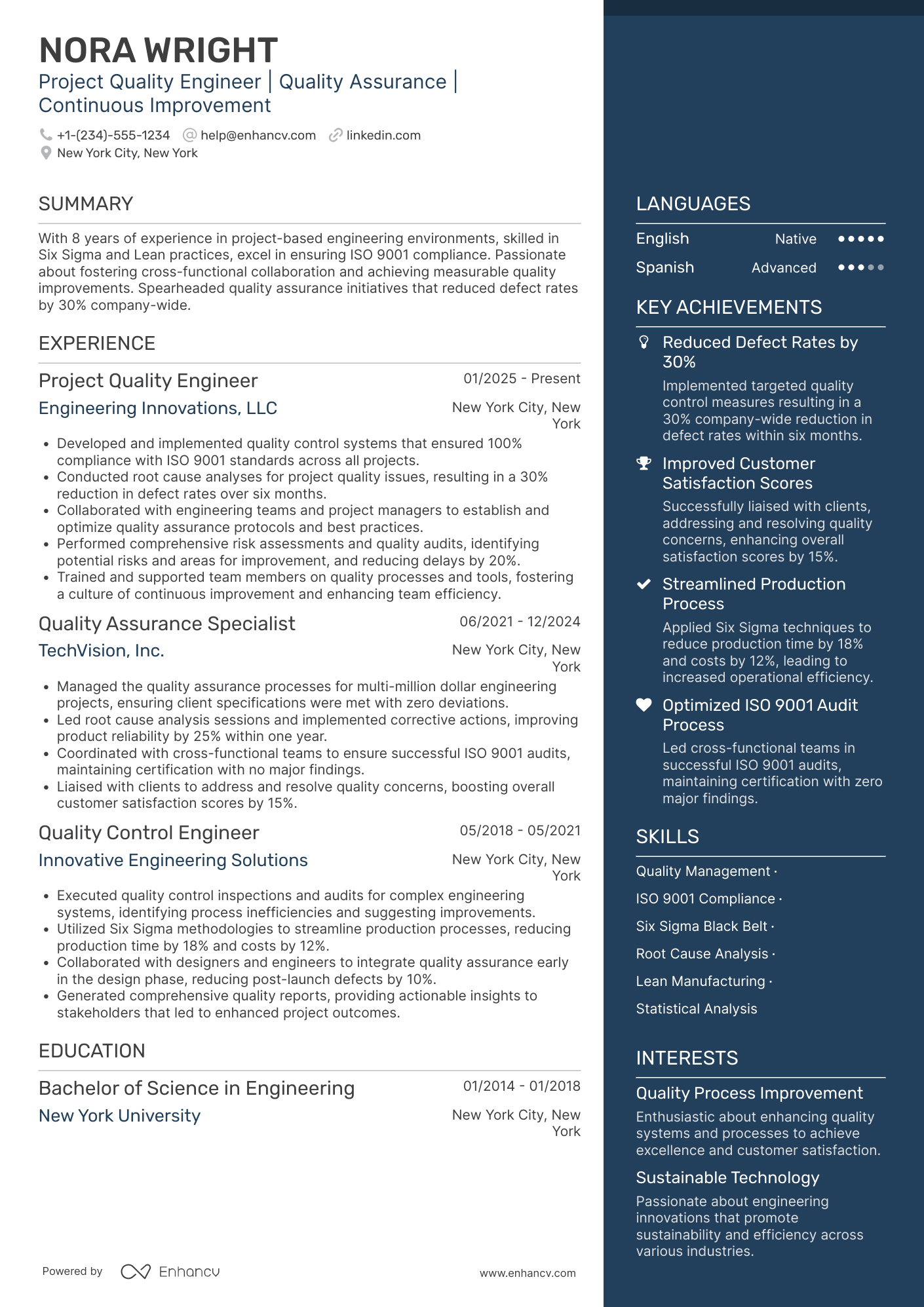 Project Quality Engineer Resume Example