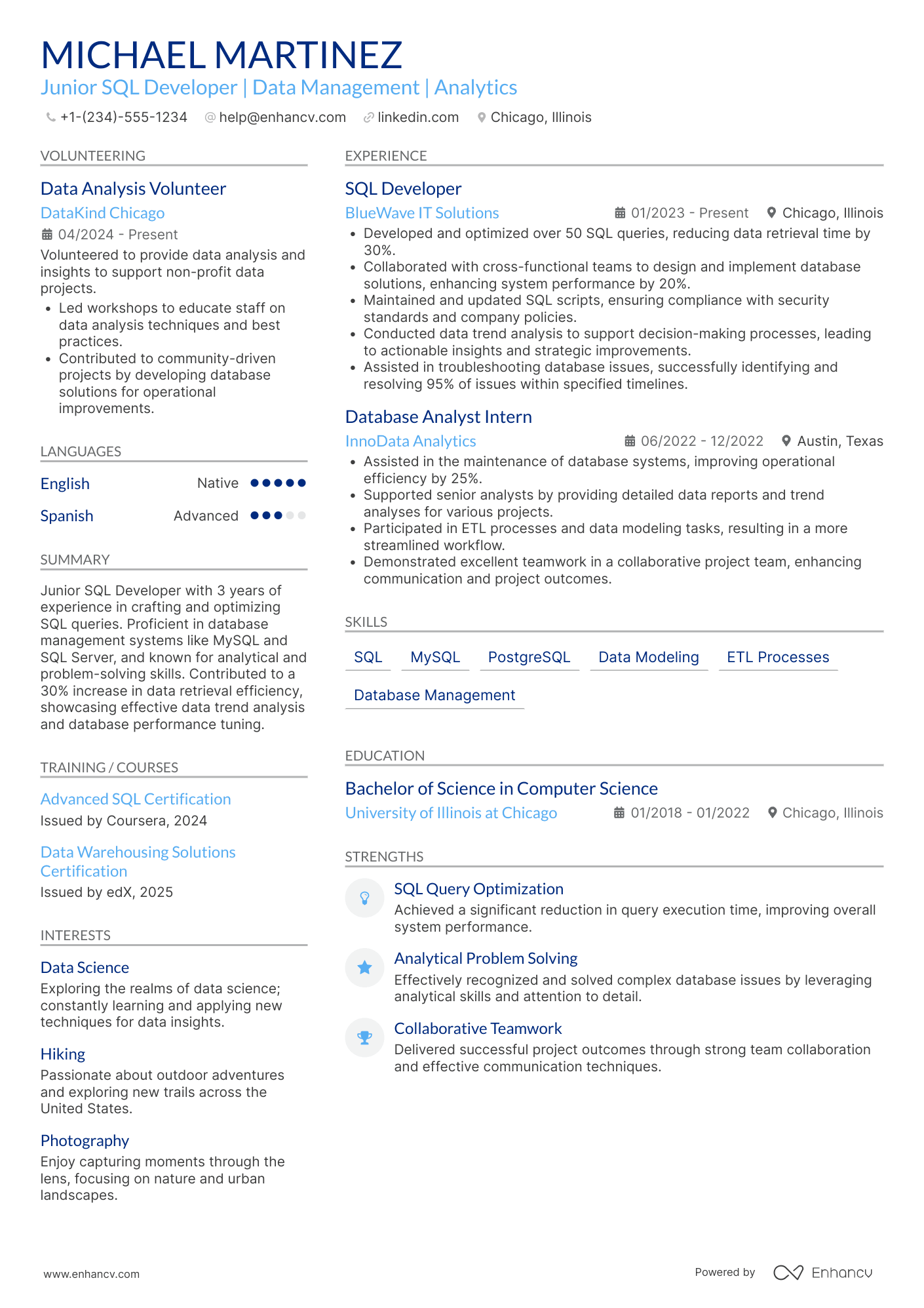 Junior SQL Developer Resume Example