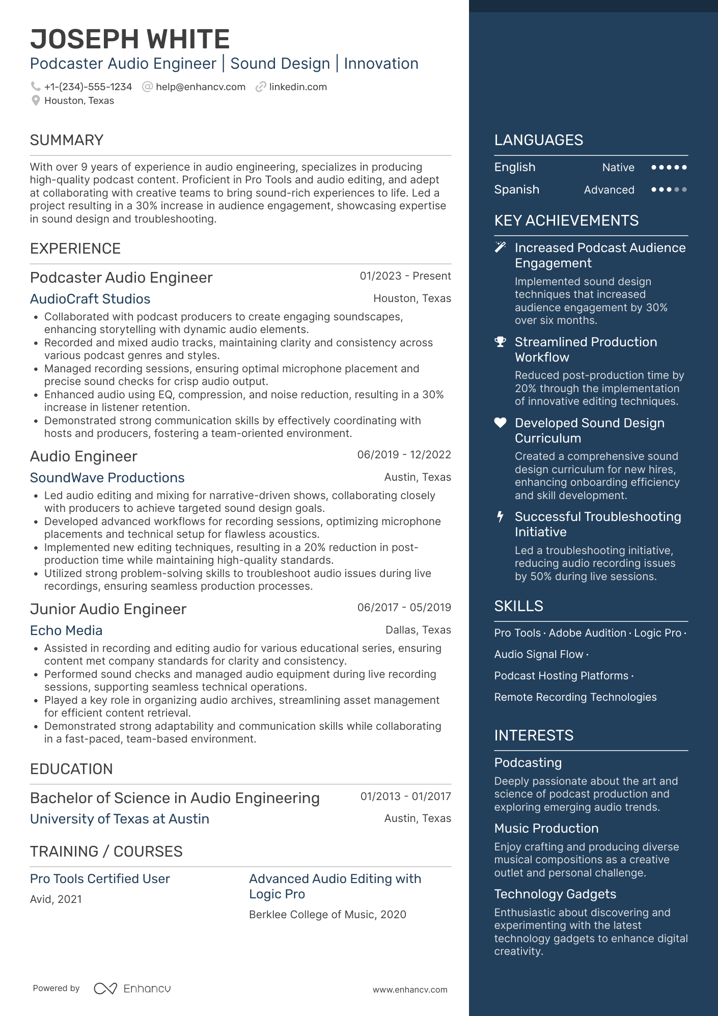 Podcaster Audio Engineer Resume Example