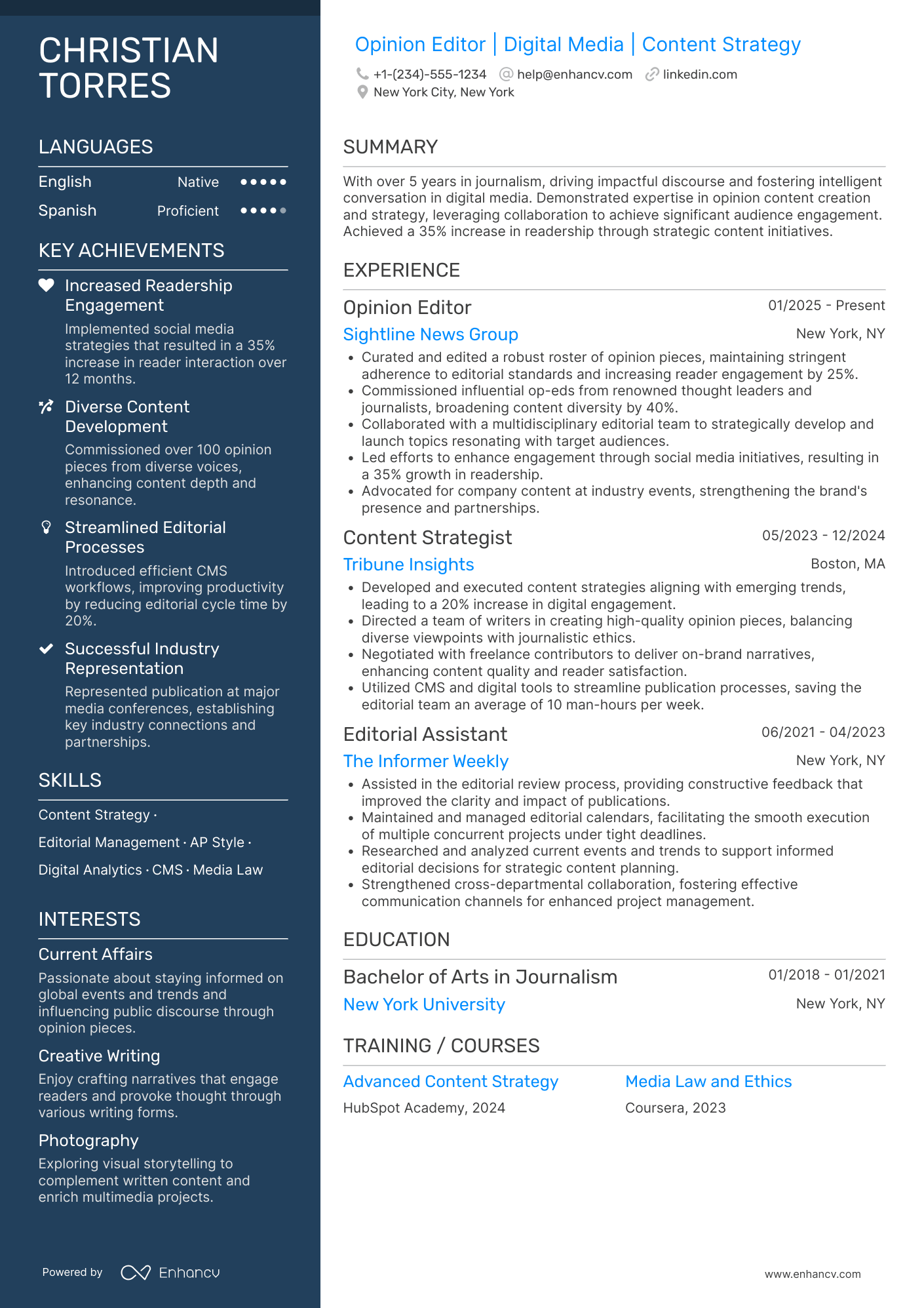 Opinion Editor Resume Example