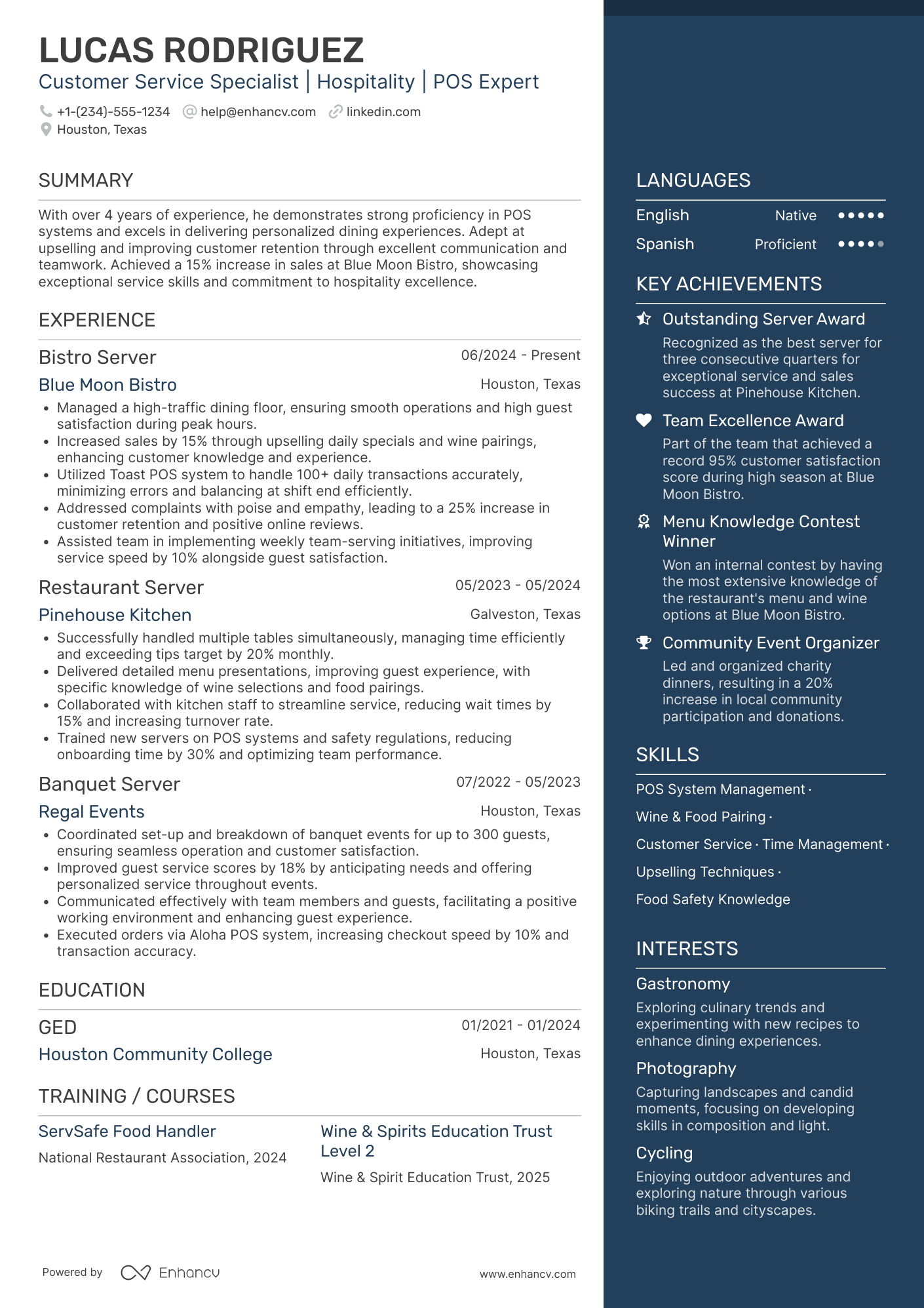 Bistro Server Resume Example