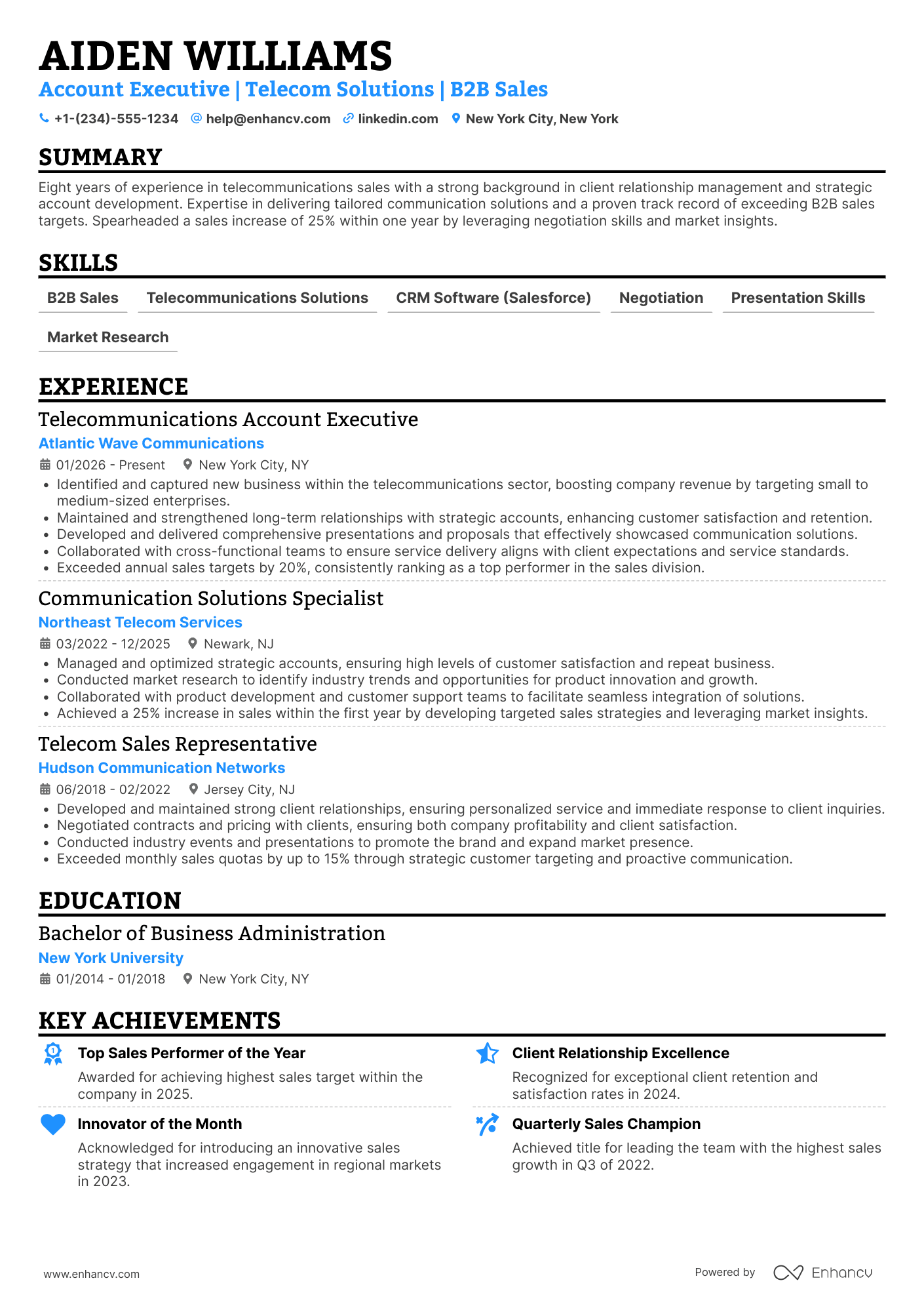 Telecommunications Account Executive Resume Example