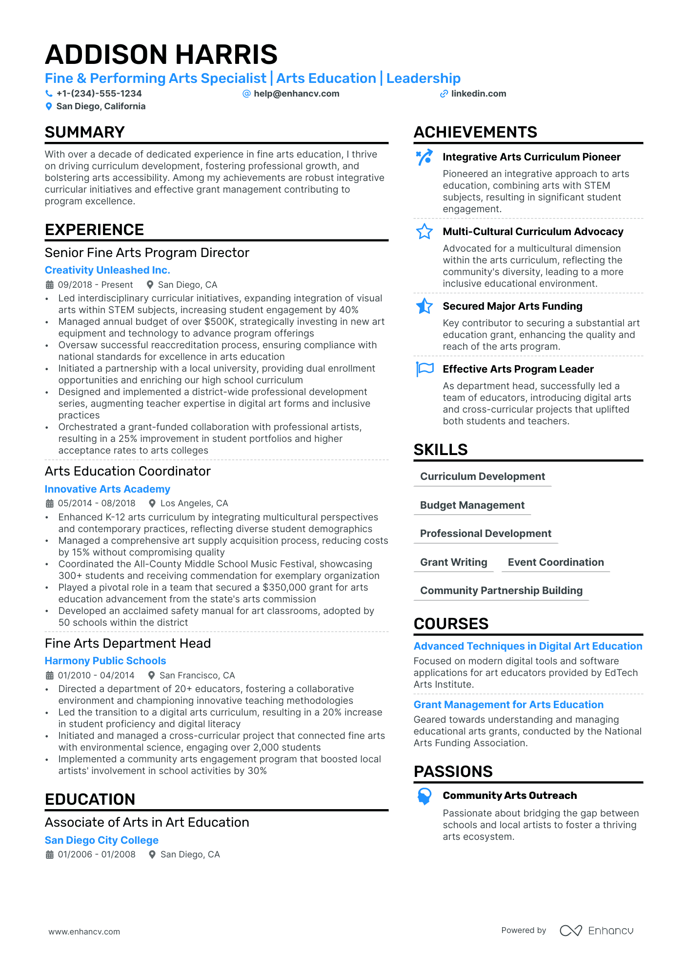Performing Arts Resume Example