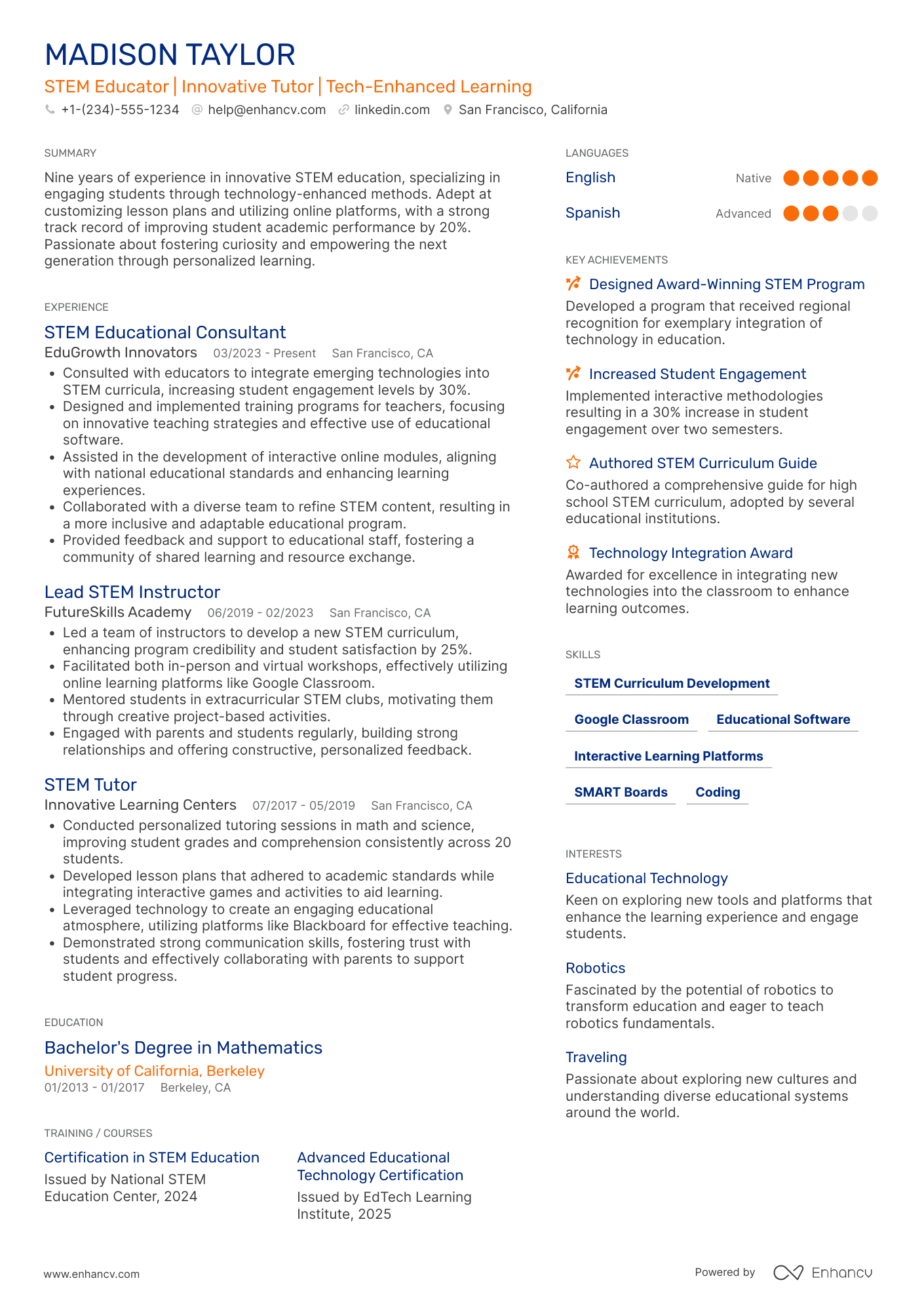 STEM Learning Tutor Resume Example