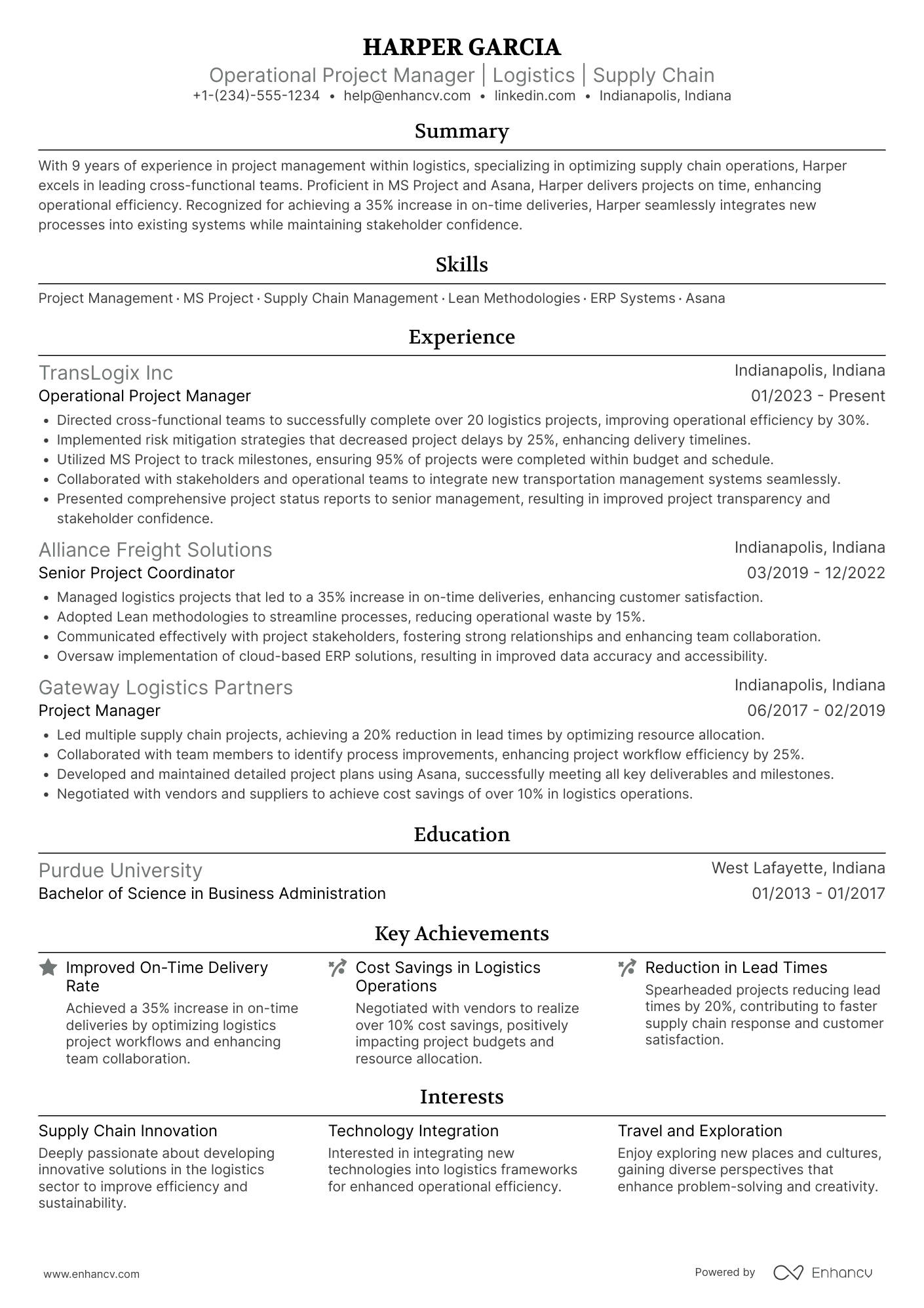 Operational Project Manager Resume Example