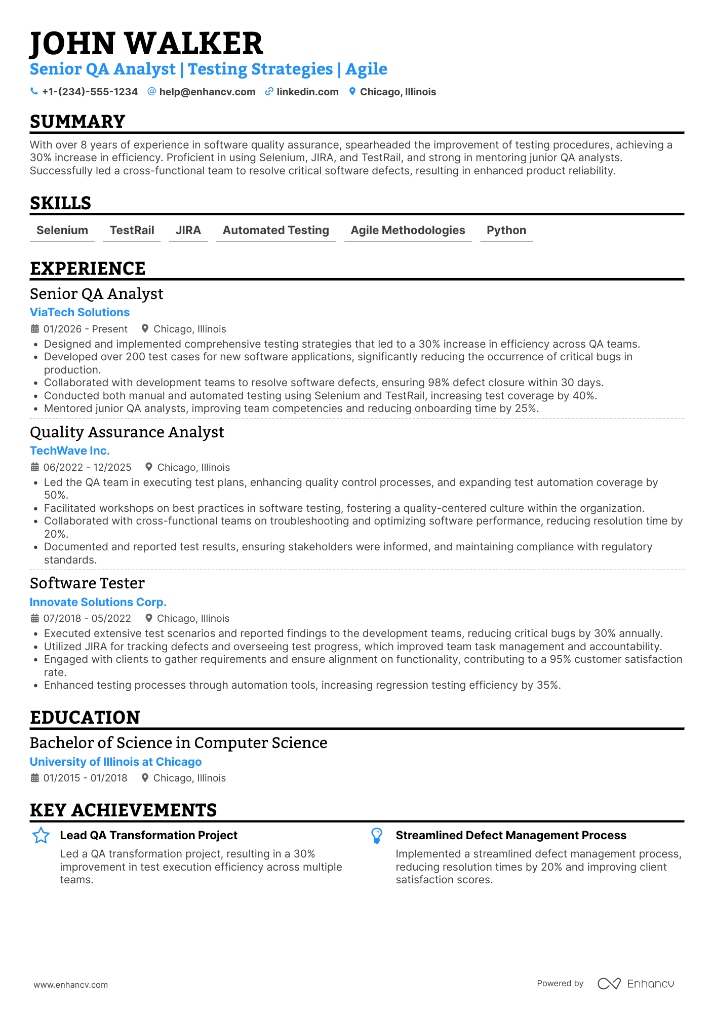Senior QA Analyst Resume Example