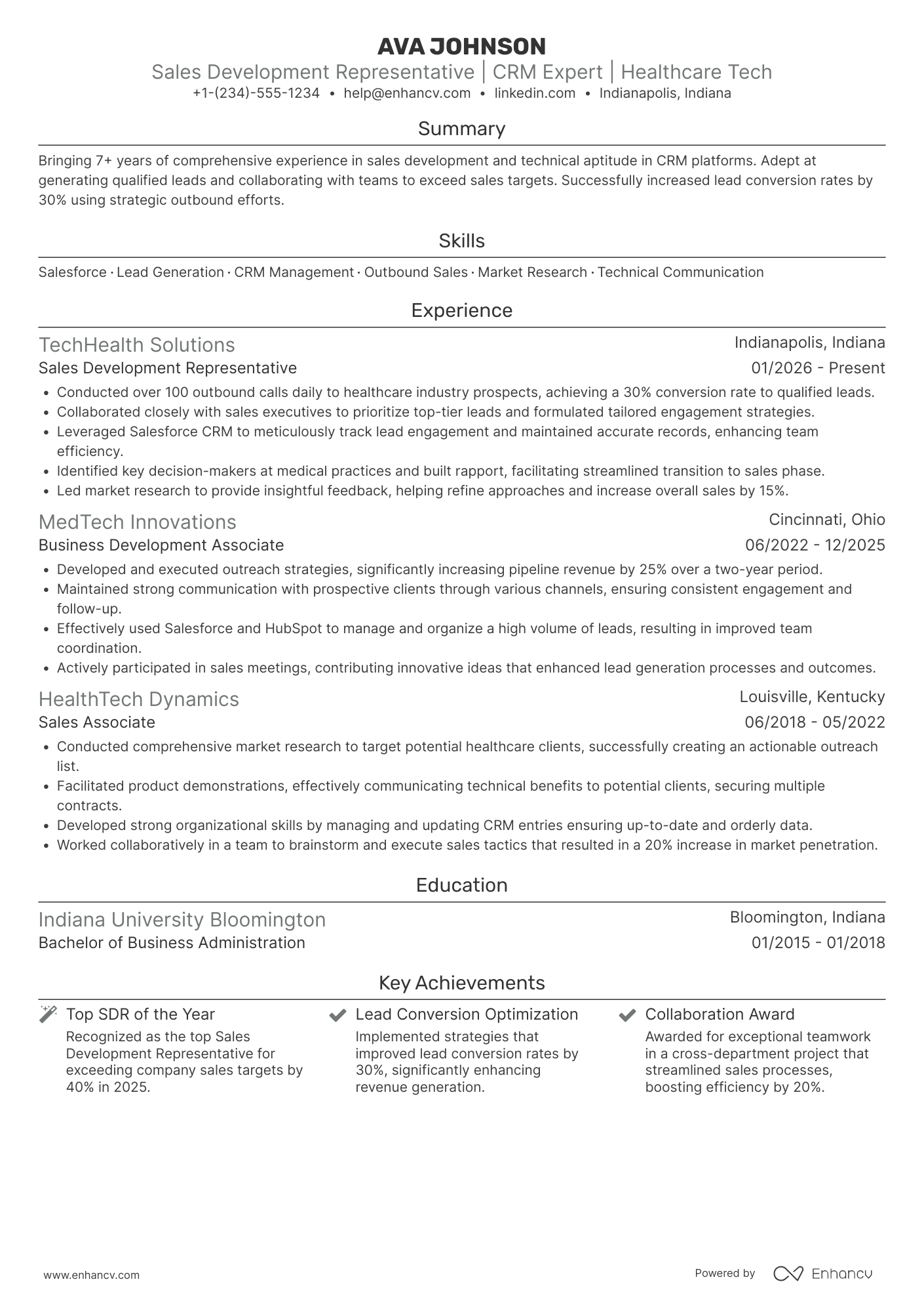 Outbound Sales Development Representative Resume Example