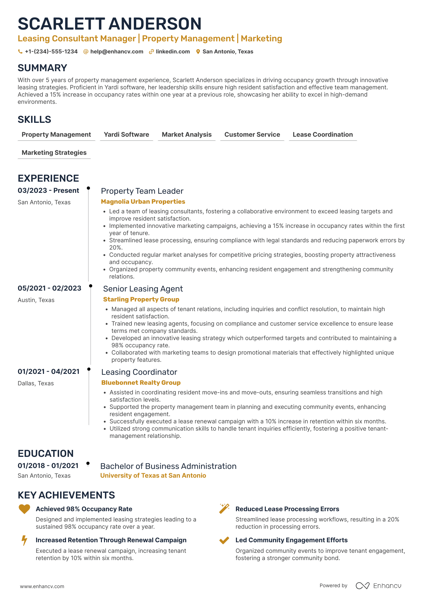 Leasing Consultant Manager Resume Example