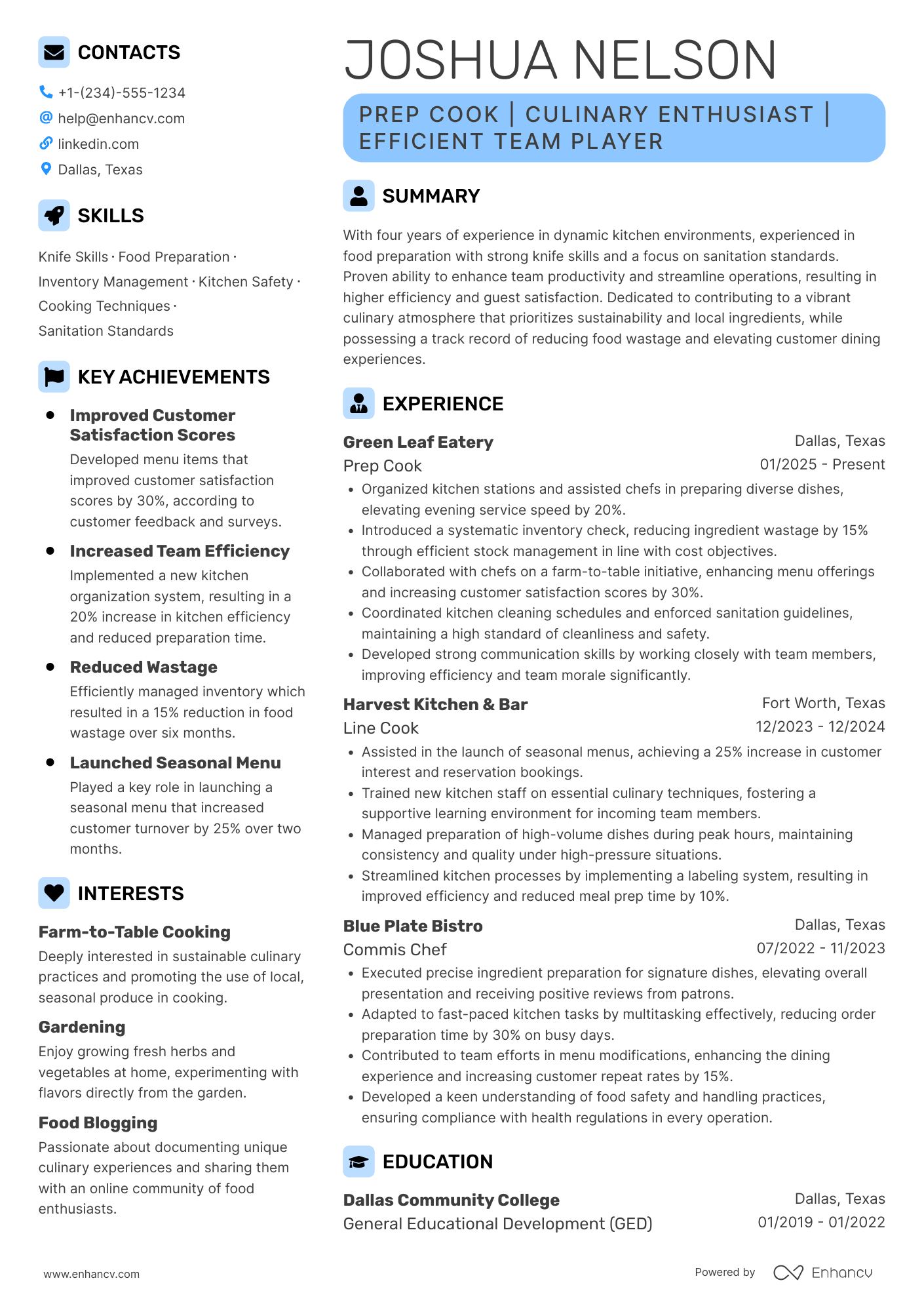 Seasonal Prep Cook Resume Example