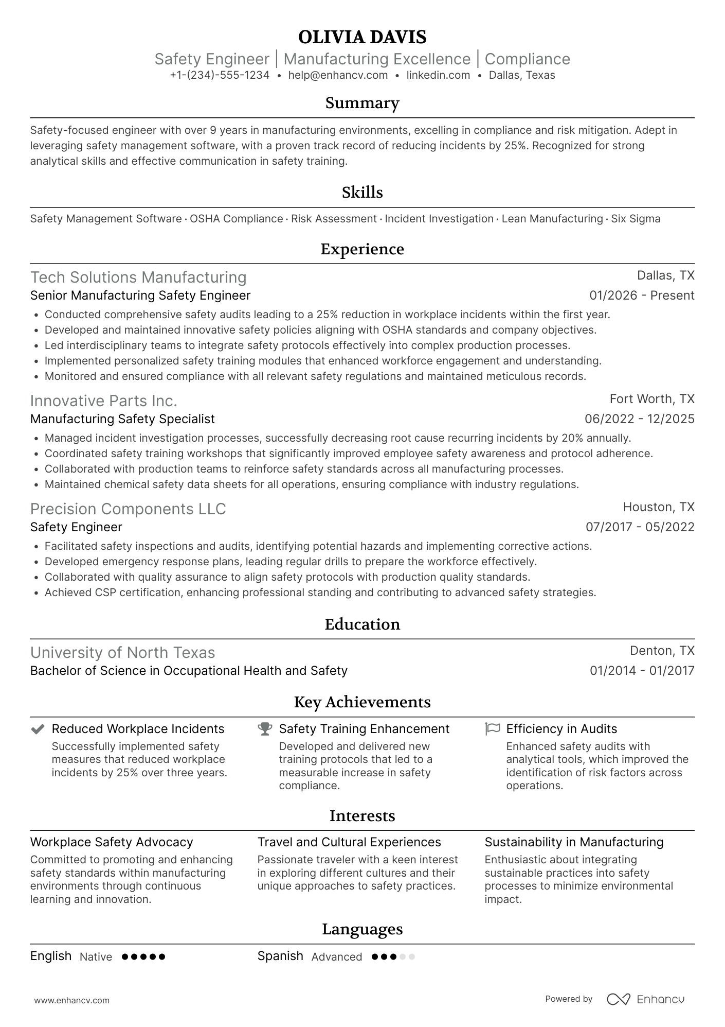 Manufacturing Safety Engineer Resume Example