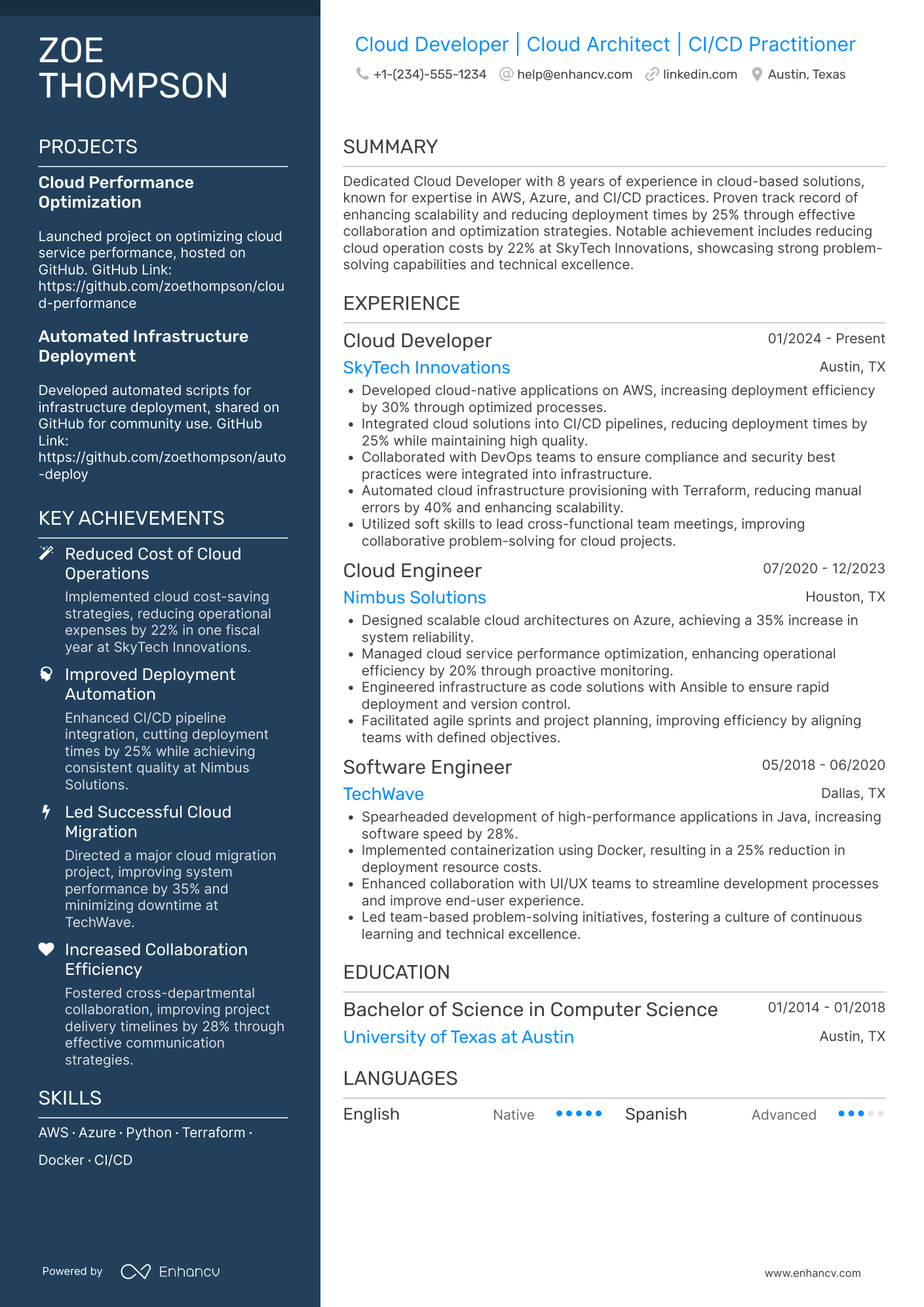 Cloud Developer Resume Example