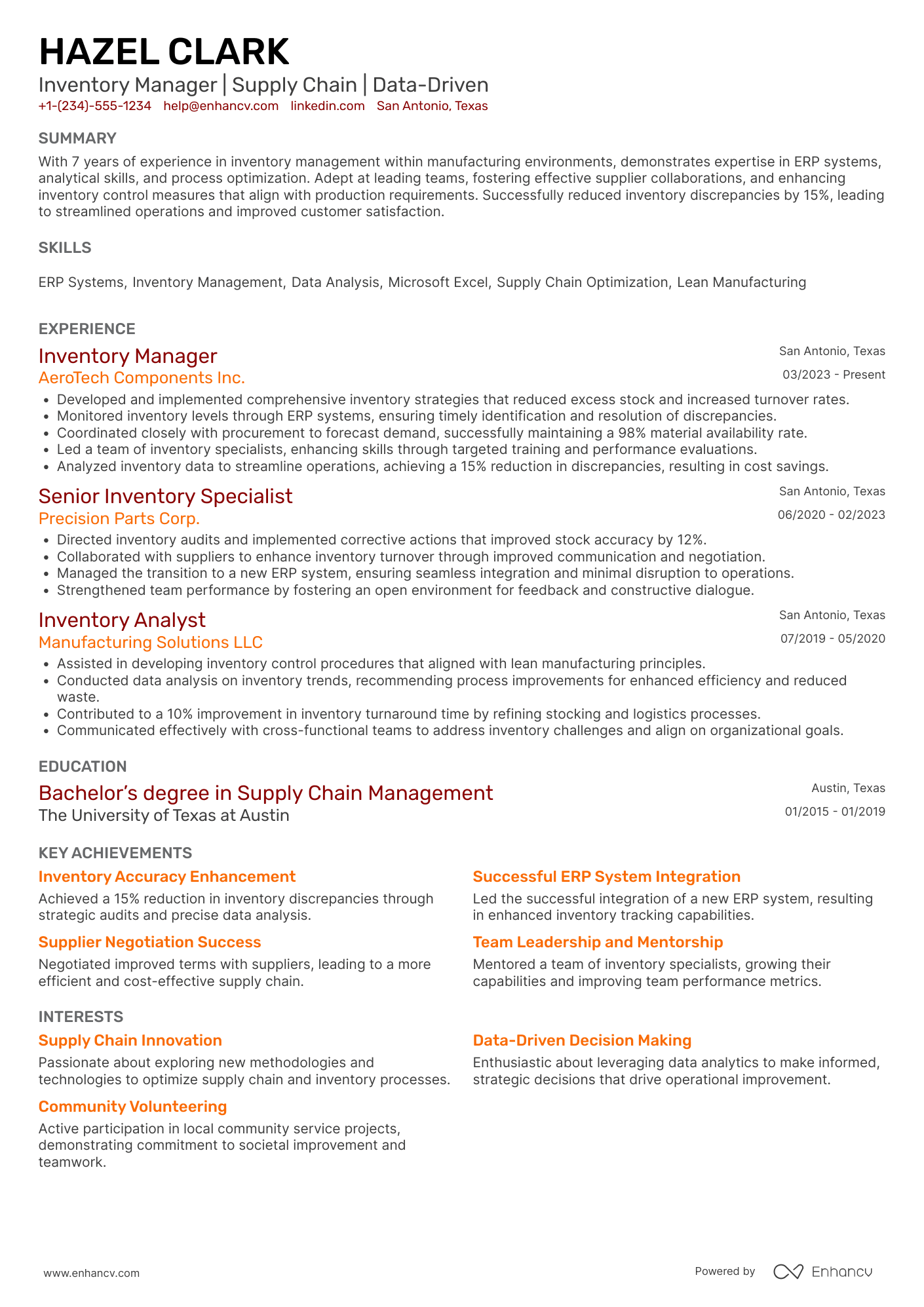 Manufacturing Inventory Manager Resume Example