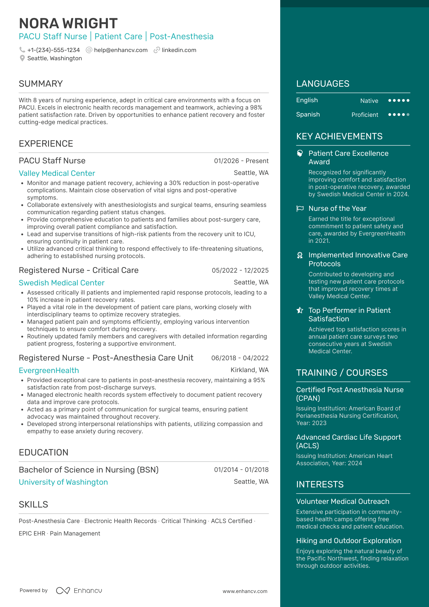 PACU Staff Nurse Resume Example