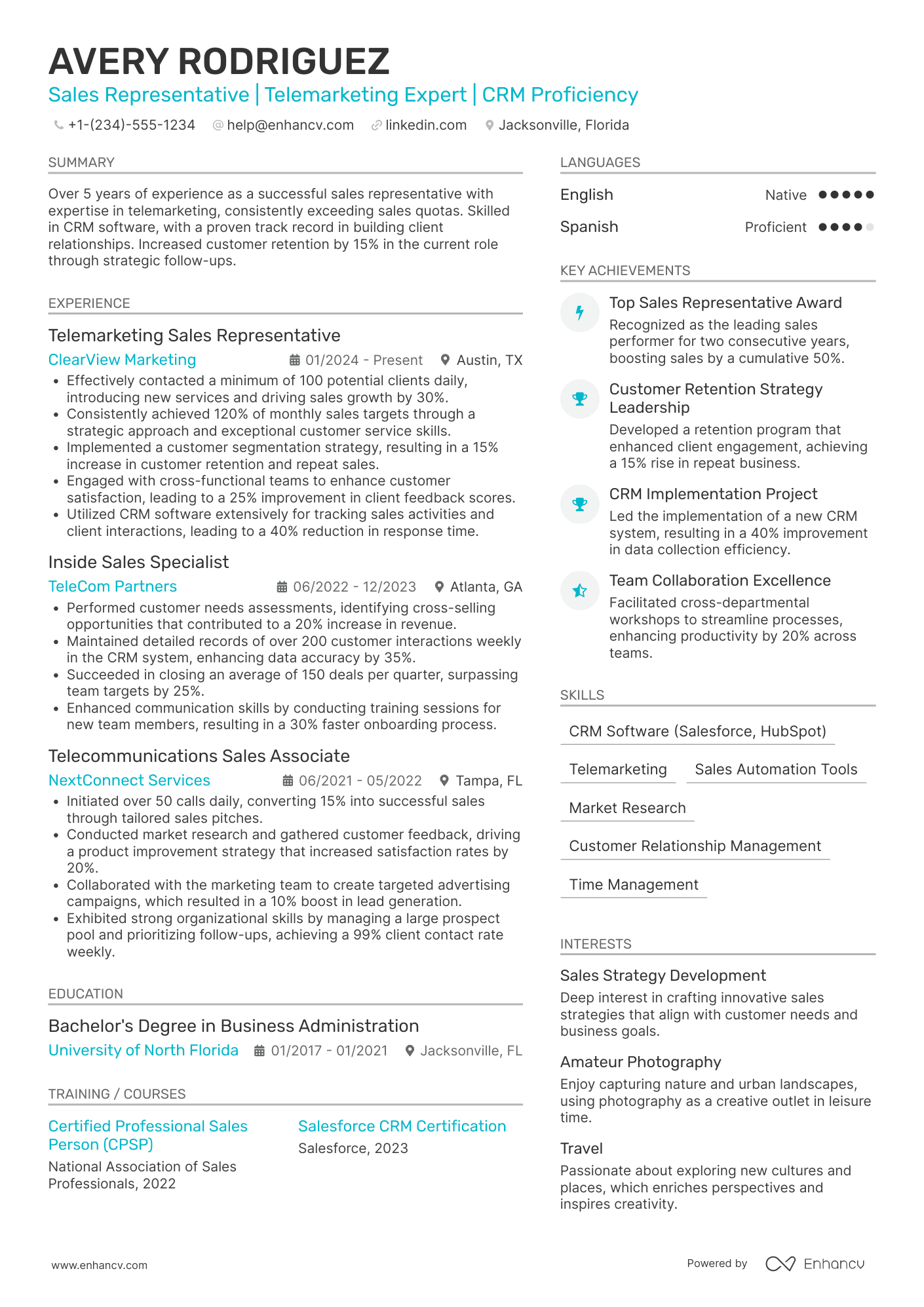 Telemarketing Sales Representative Resume Example