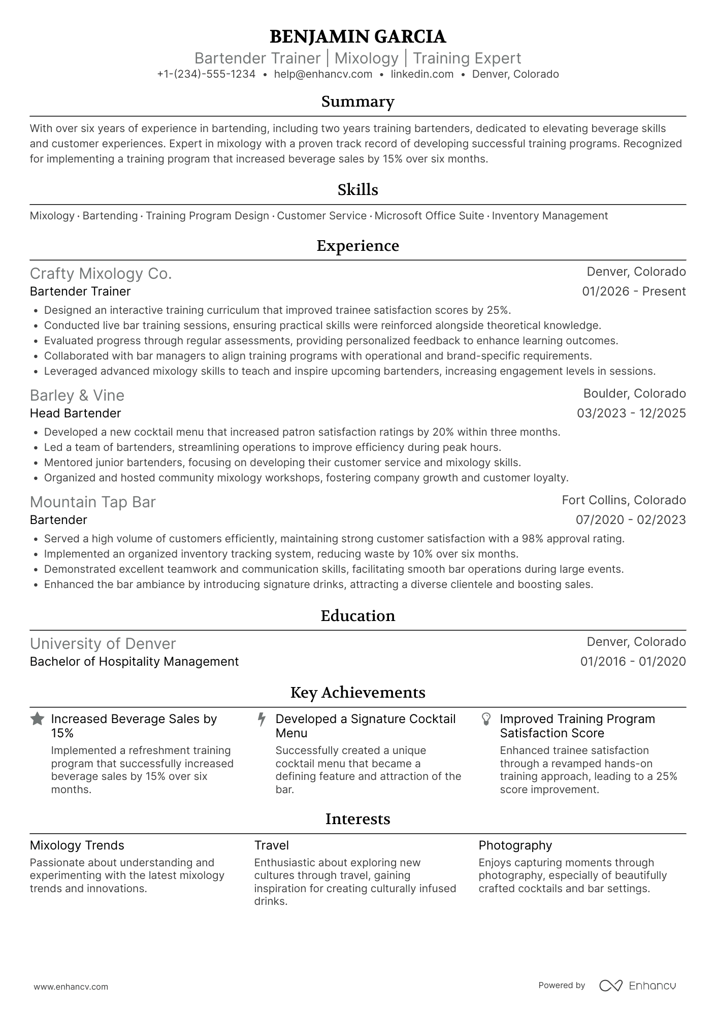 Bartender Trainer Resume Example
