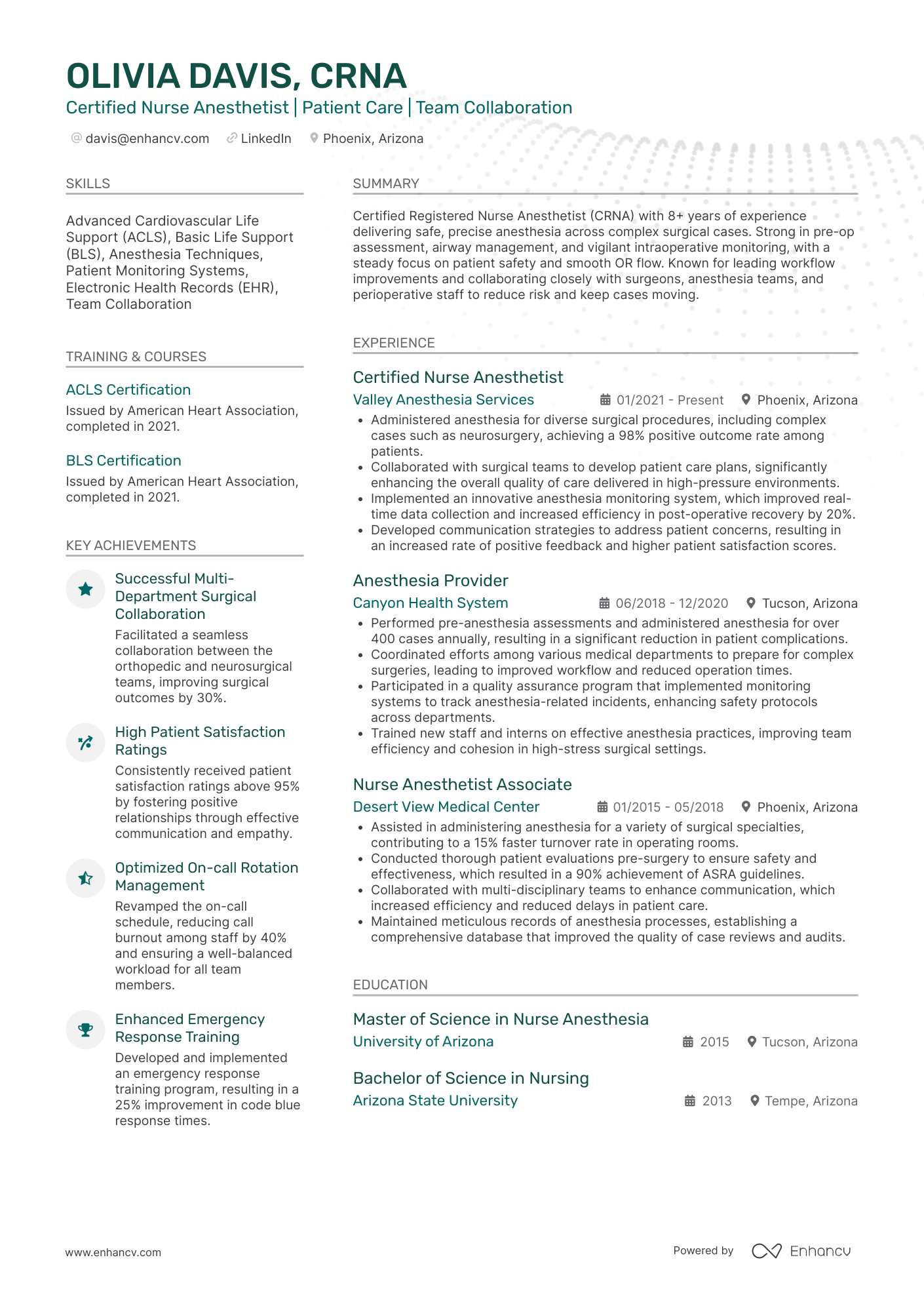 Nurse Anesthetist Resume Example