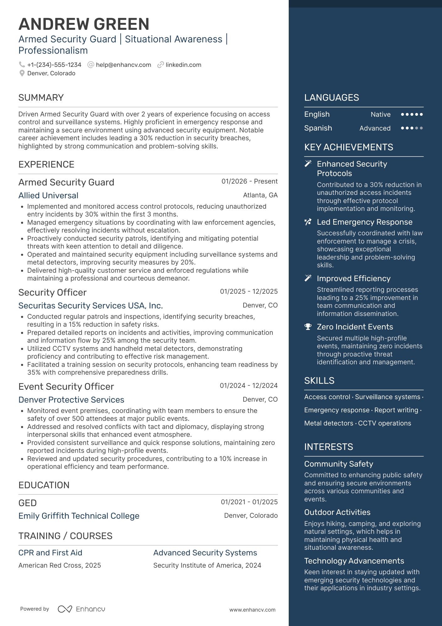 Armed Security Guard Resume Example