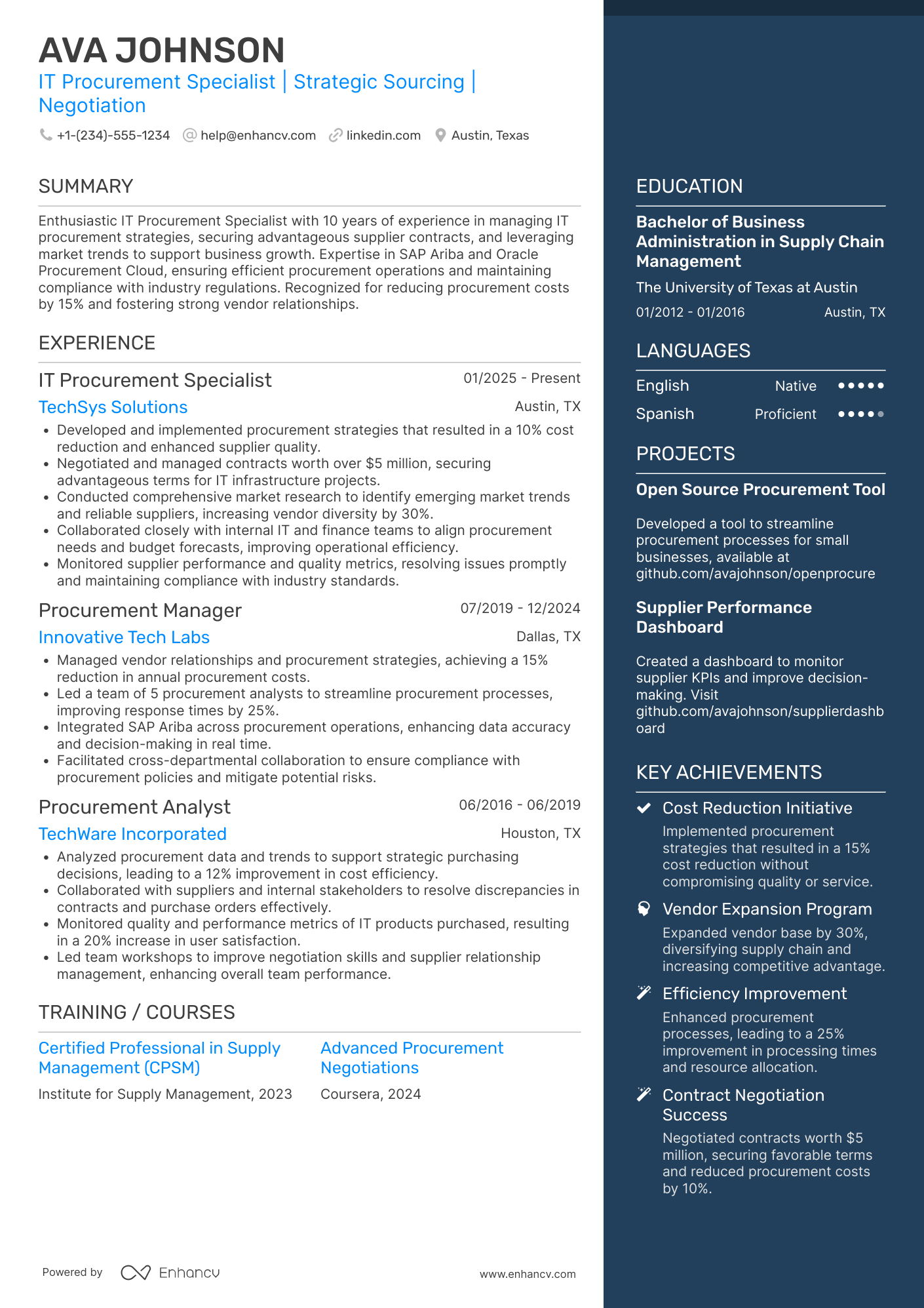 IT Procurement Specialist Resume Example