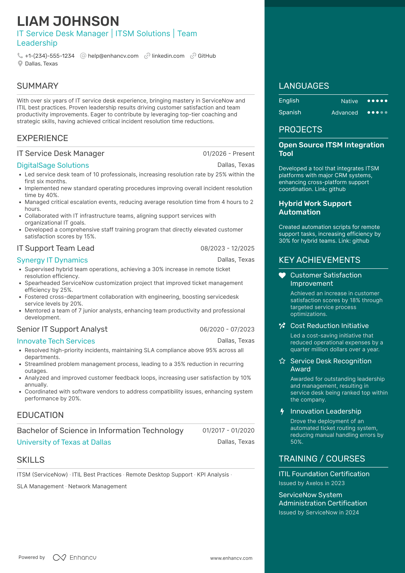 IT Service Desk Manager Resume Example