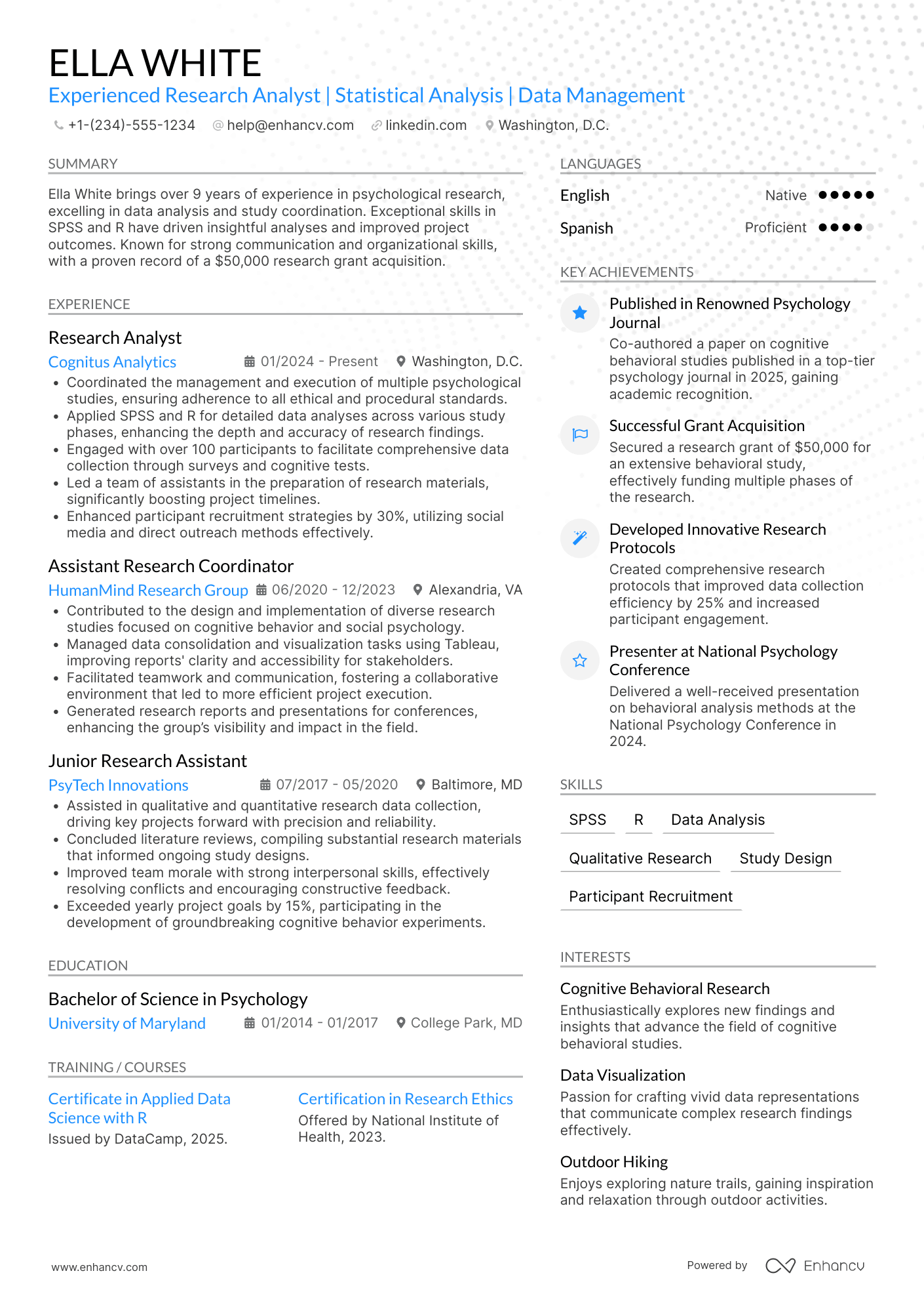 Psychological Research Assistant Resume Example