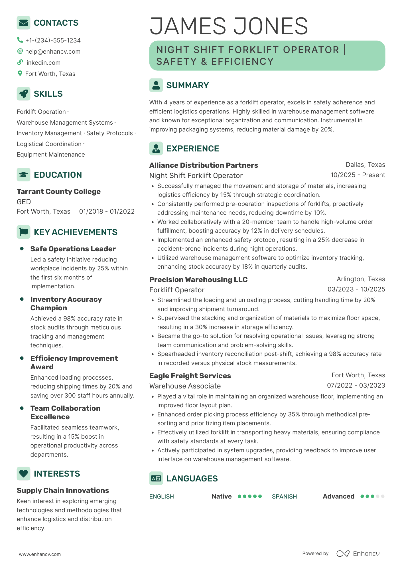 Night Shift Forklift Operator Resume Example