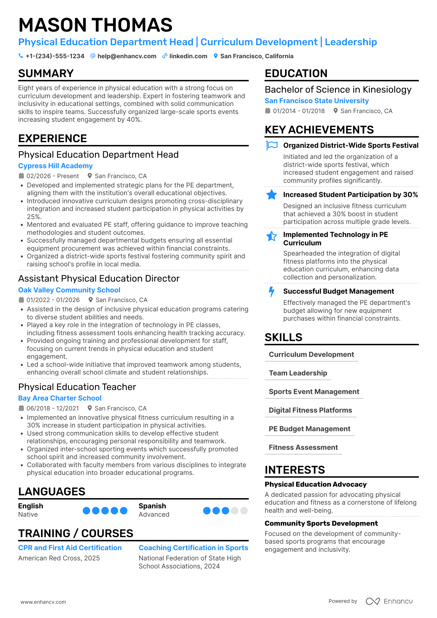 Physical Education Department Head Resume Example