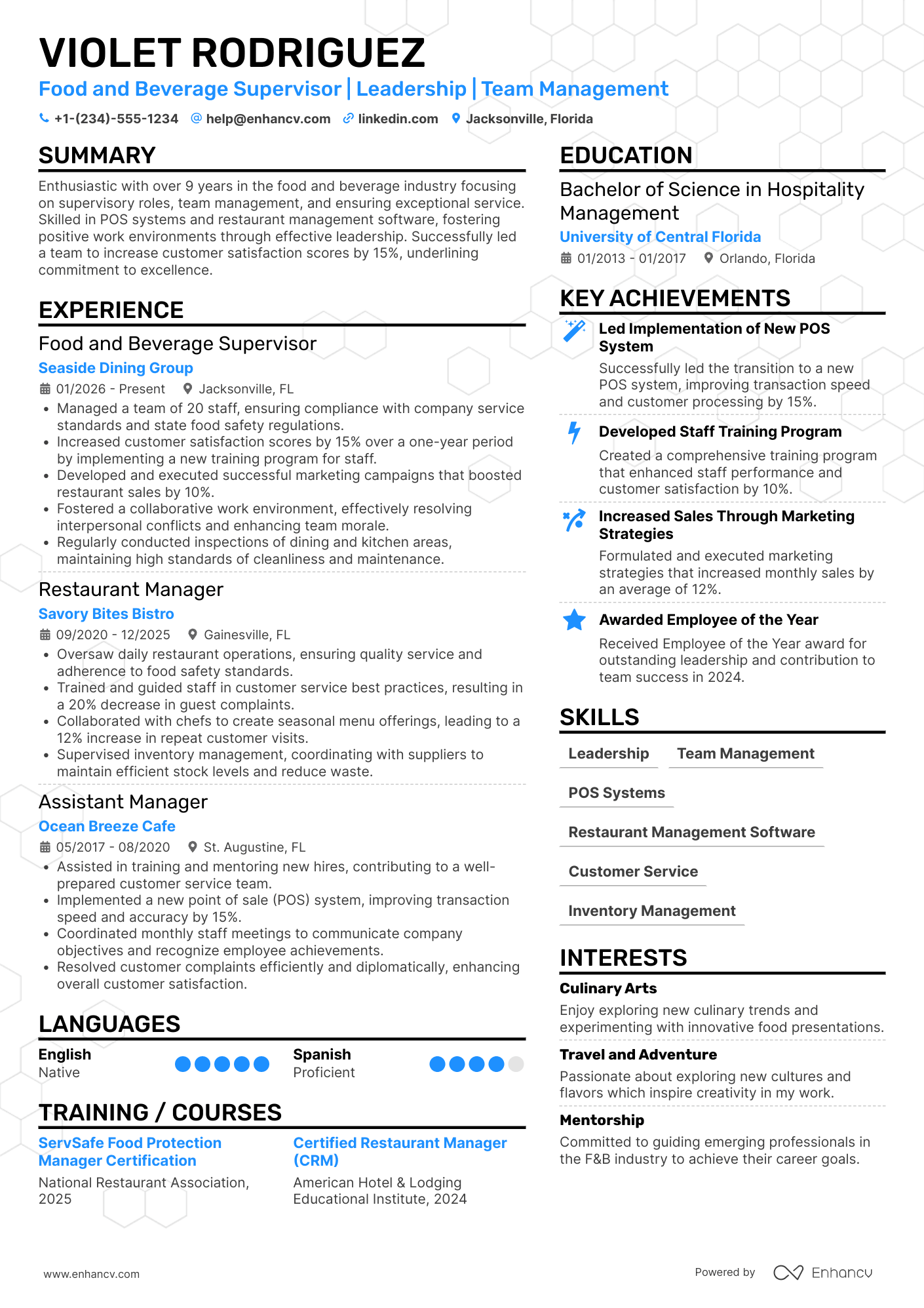 Food and Beverage Supervisor Resume Example