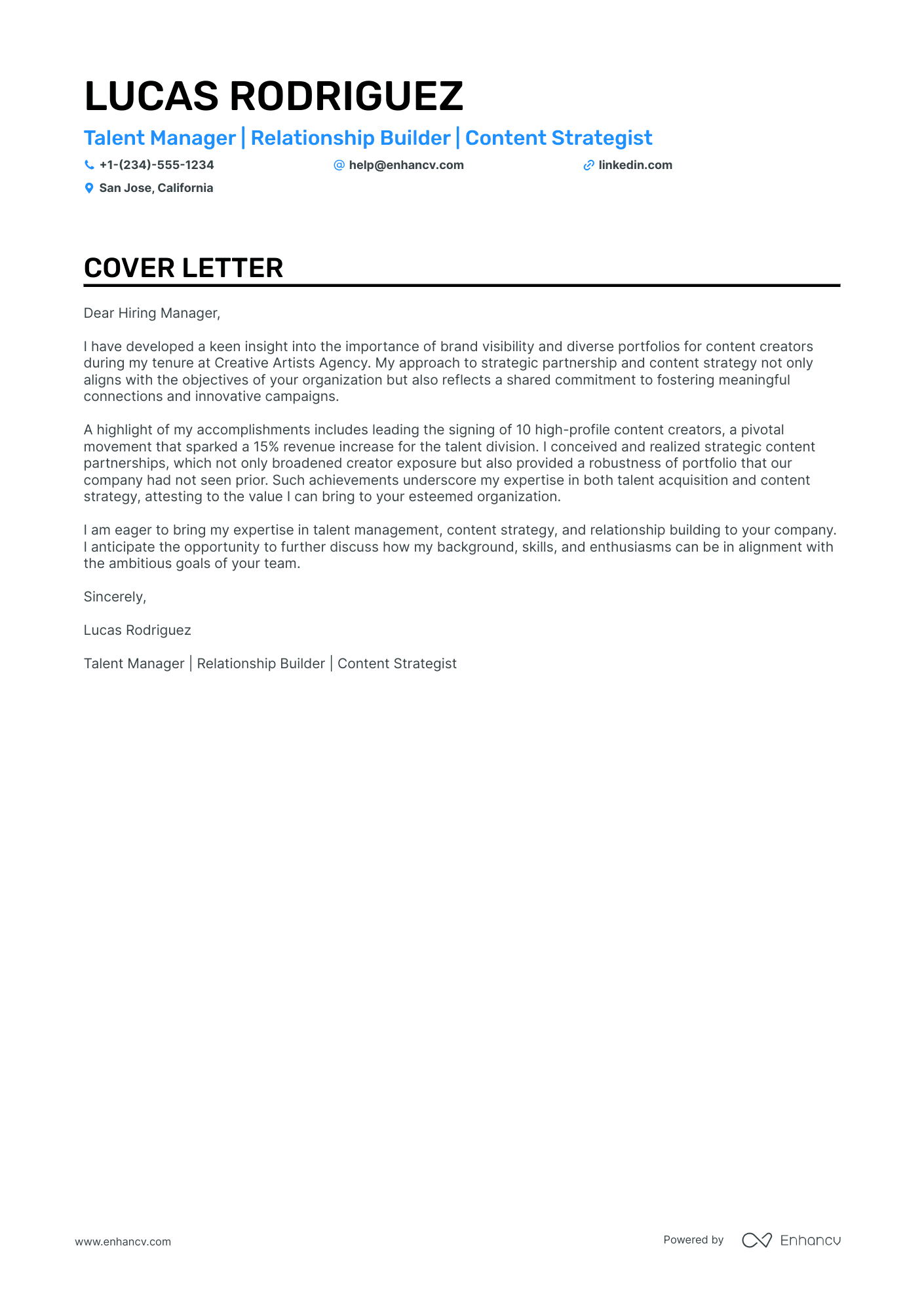 Talent Manager Resume Example