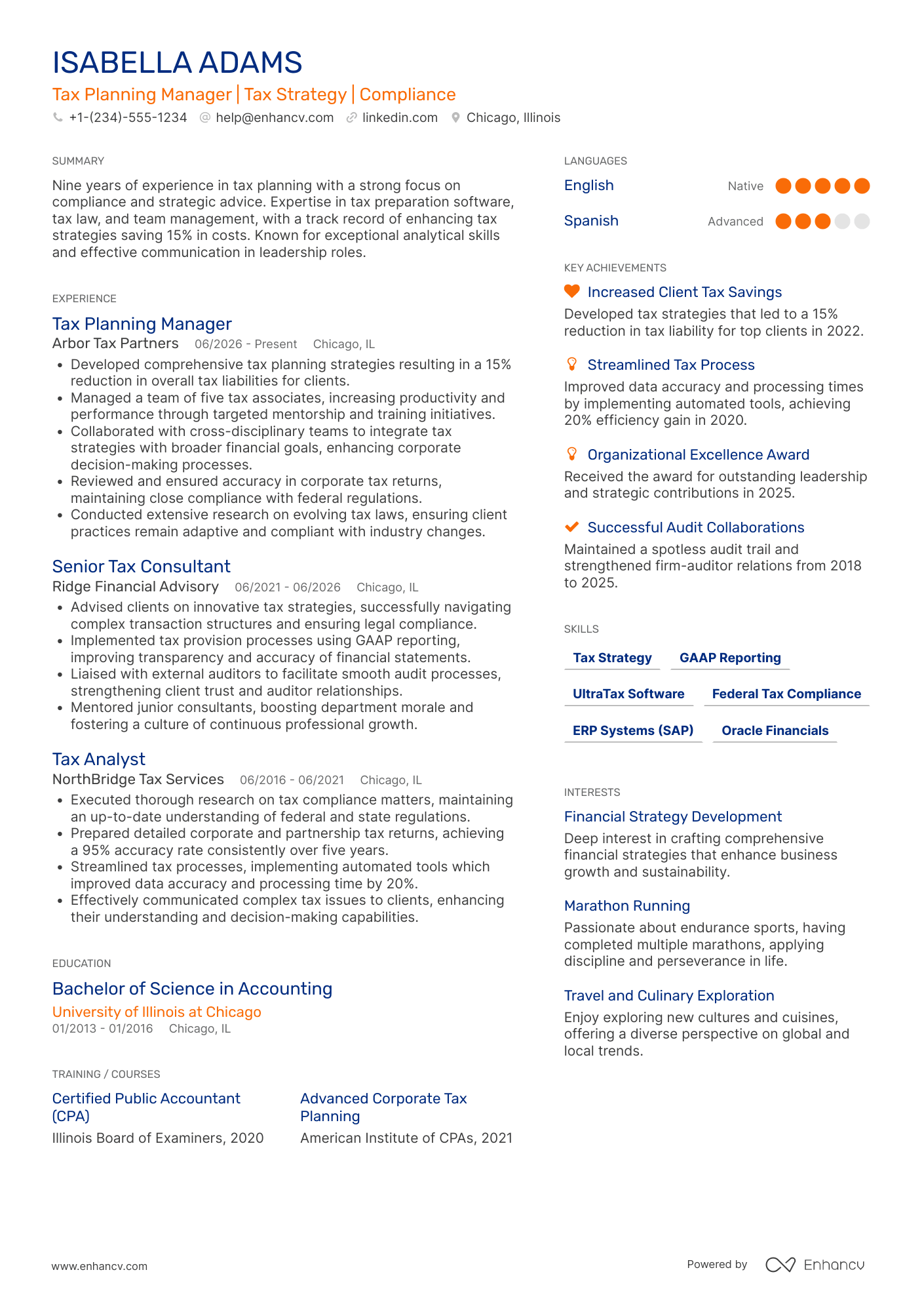 Tax Planning Manager Resume Example
