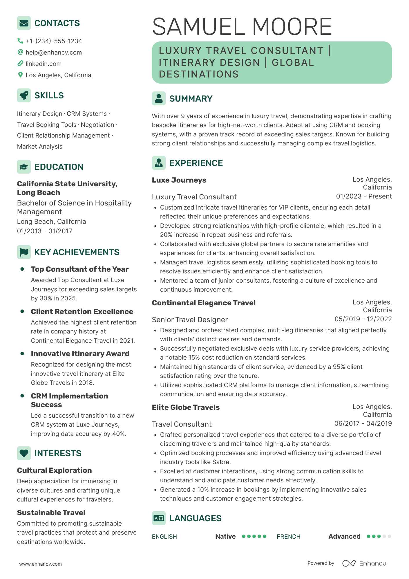 Luxury Travel Consultant Resume Example