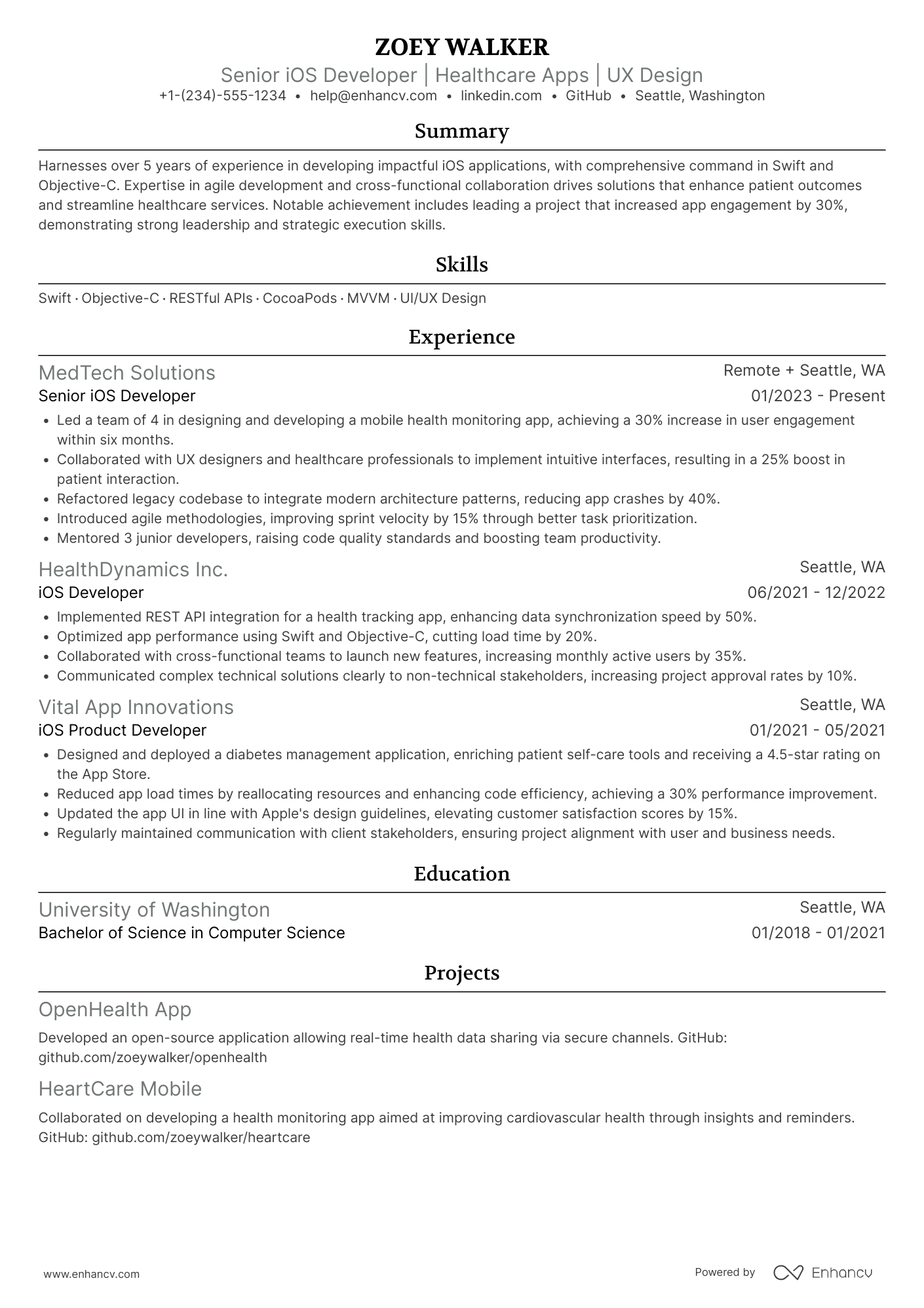 Senior iOS Developer Resume Example