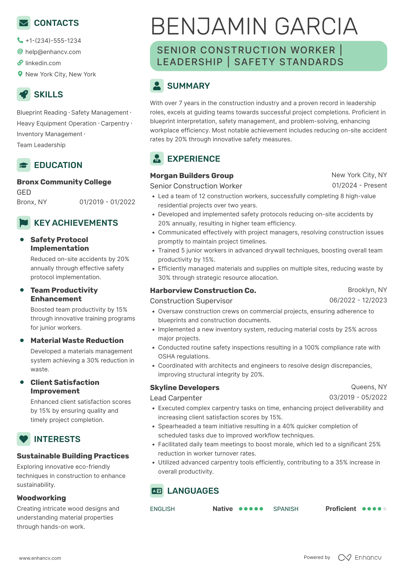 Senior Construction Worker Resume Example