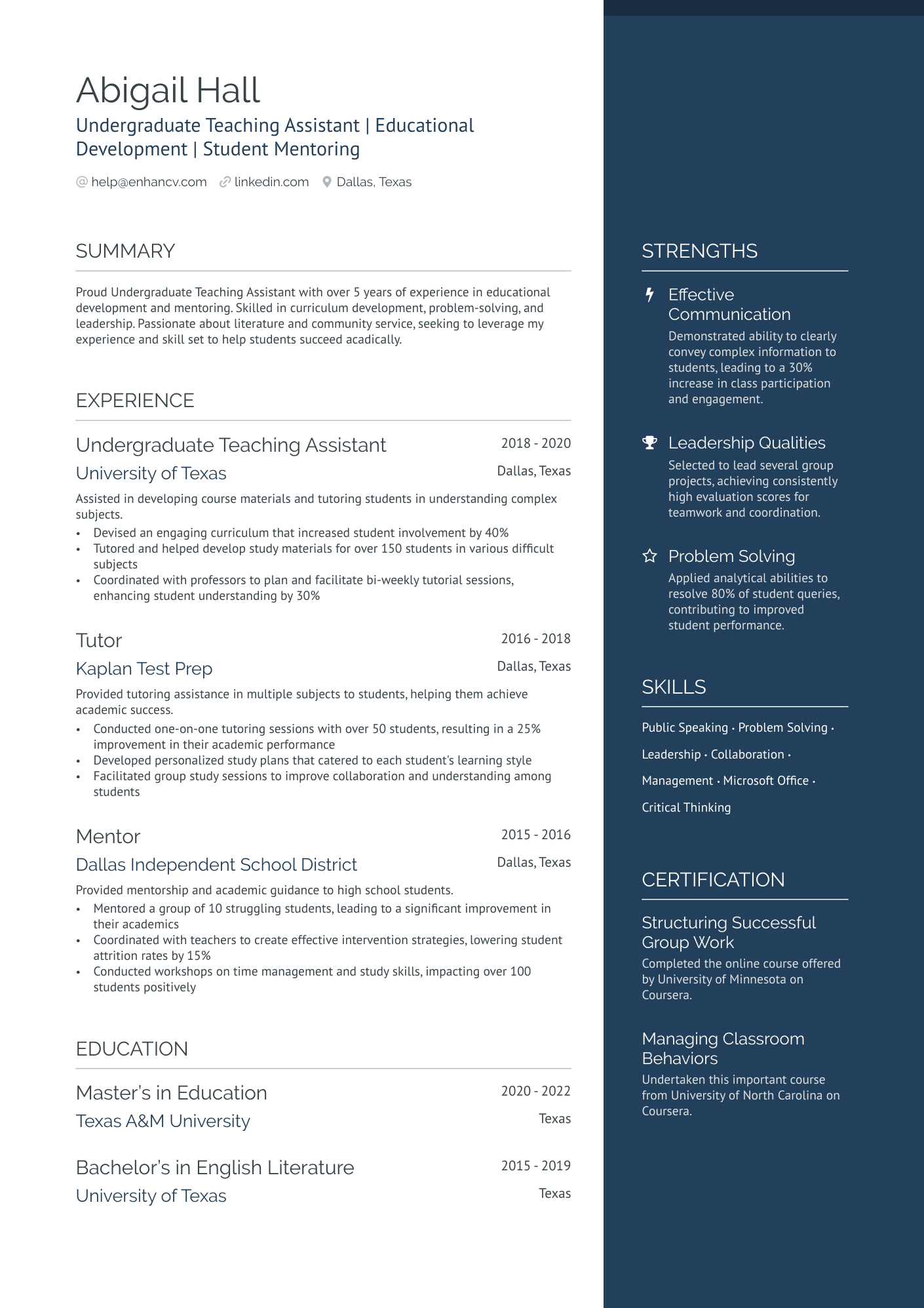 Undergraduate Teaching Assistant Resume Example