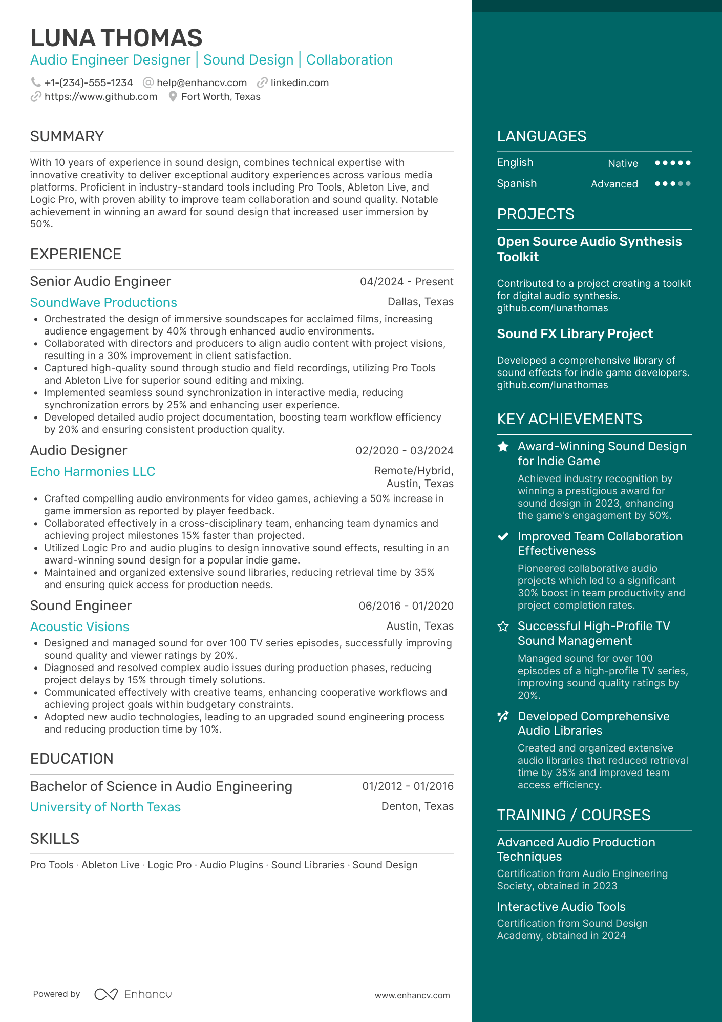 Audio Engineer Designer Resume Example