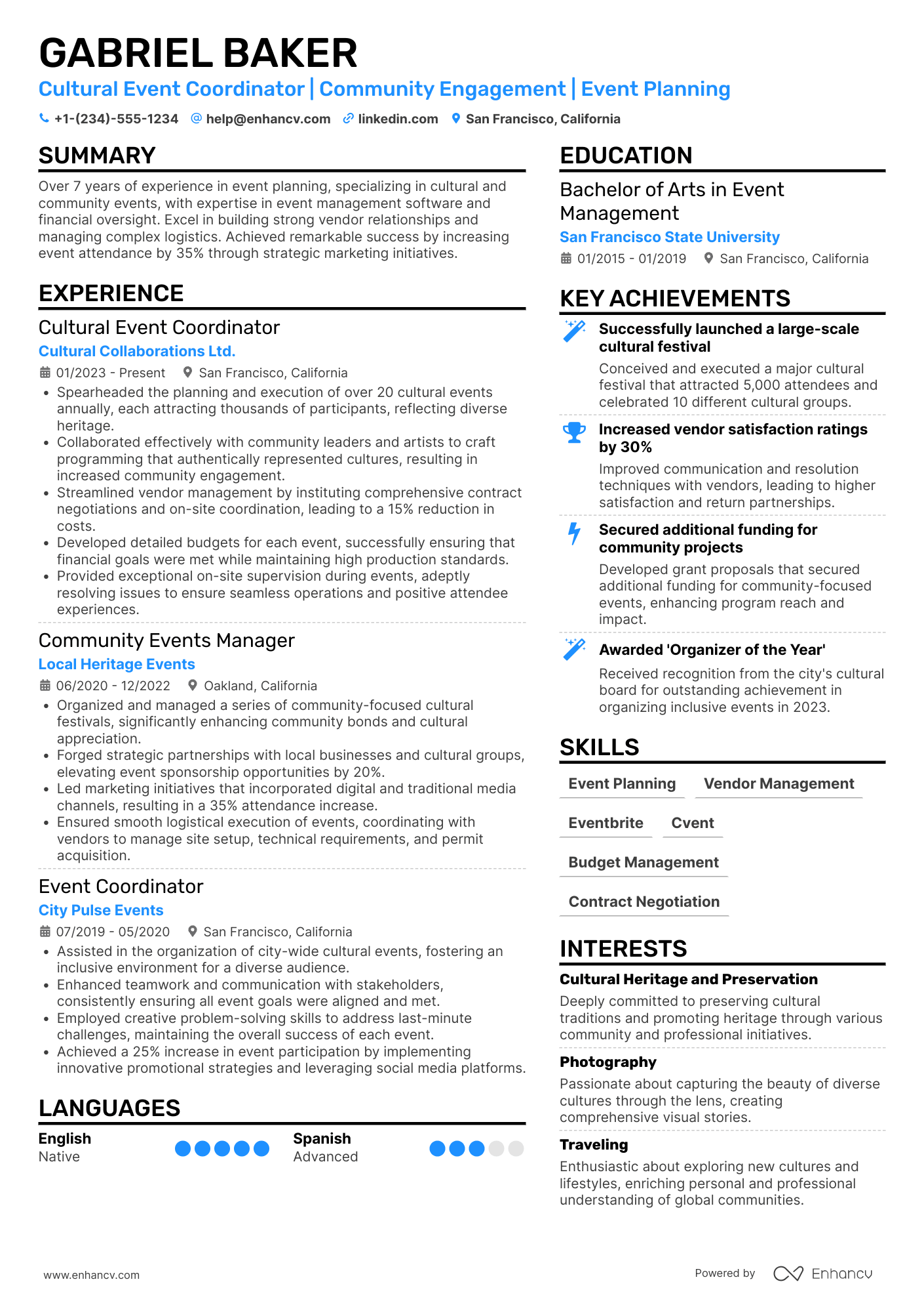 Cultural Event Coordinator Resume Example