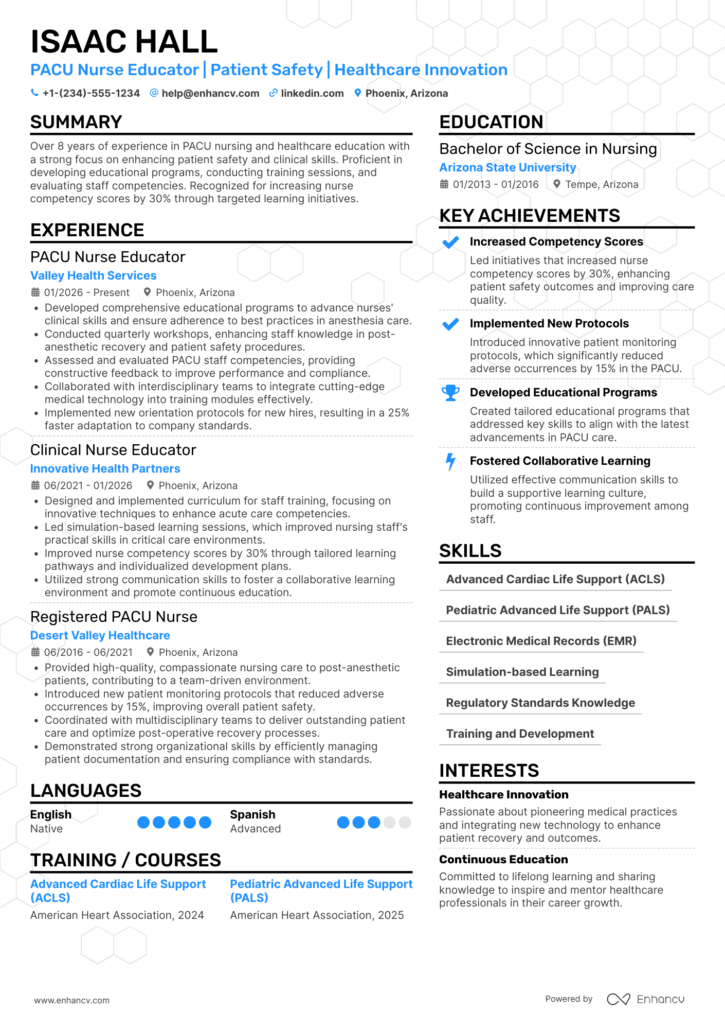 PACU Nurse Educator Resume Example