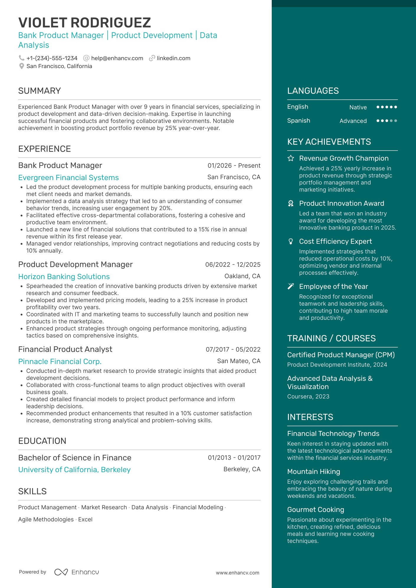 Bank Product Manager Resume Example