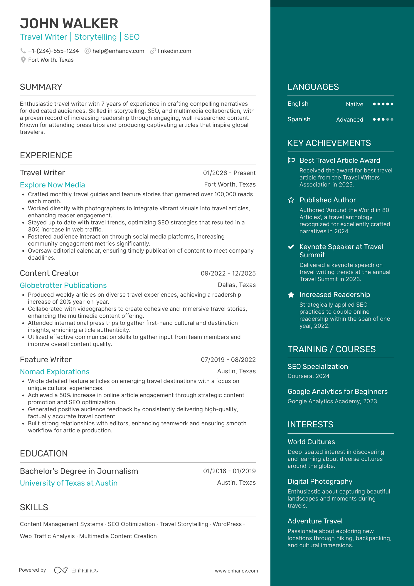 Travel Writer Resume Example