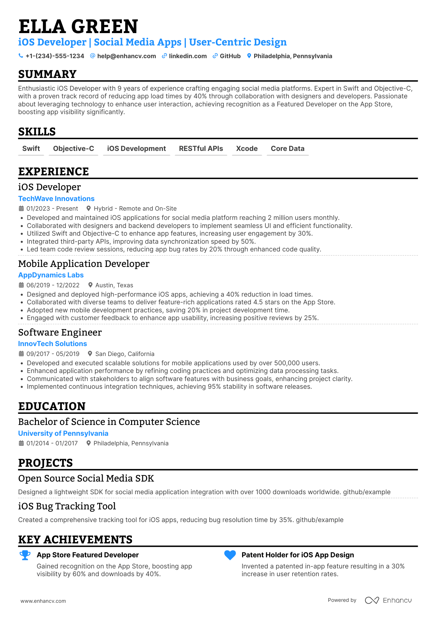 iOS Developer, Social Media Resume Example