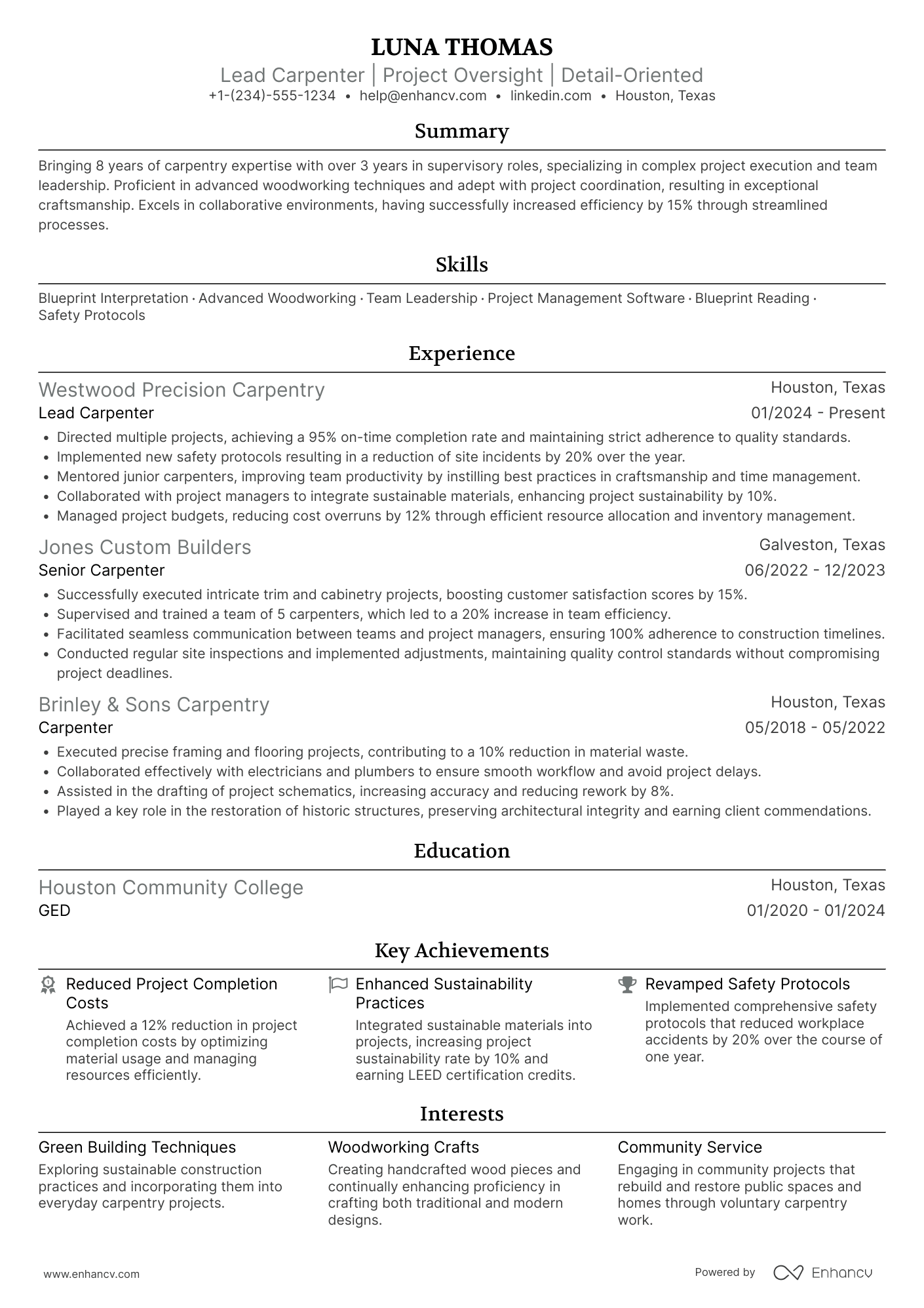Lead Carpenter Resume Example