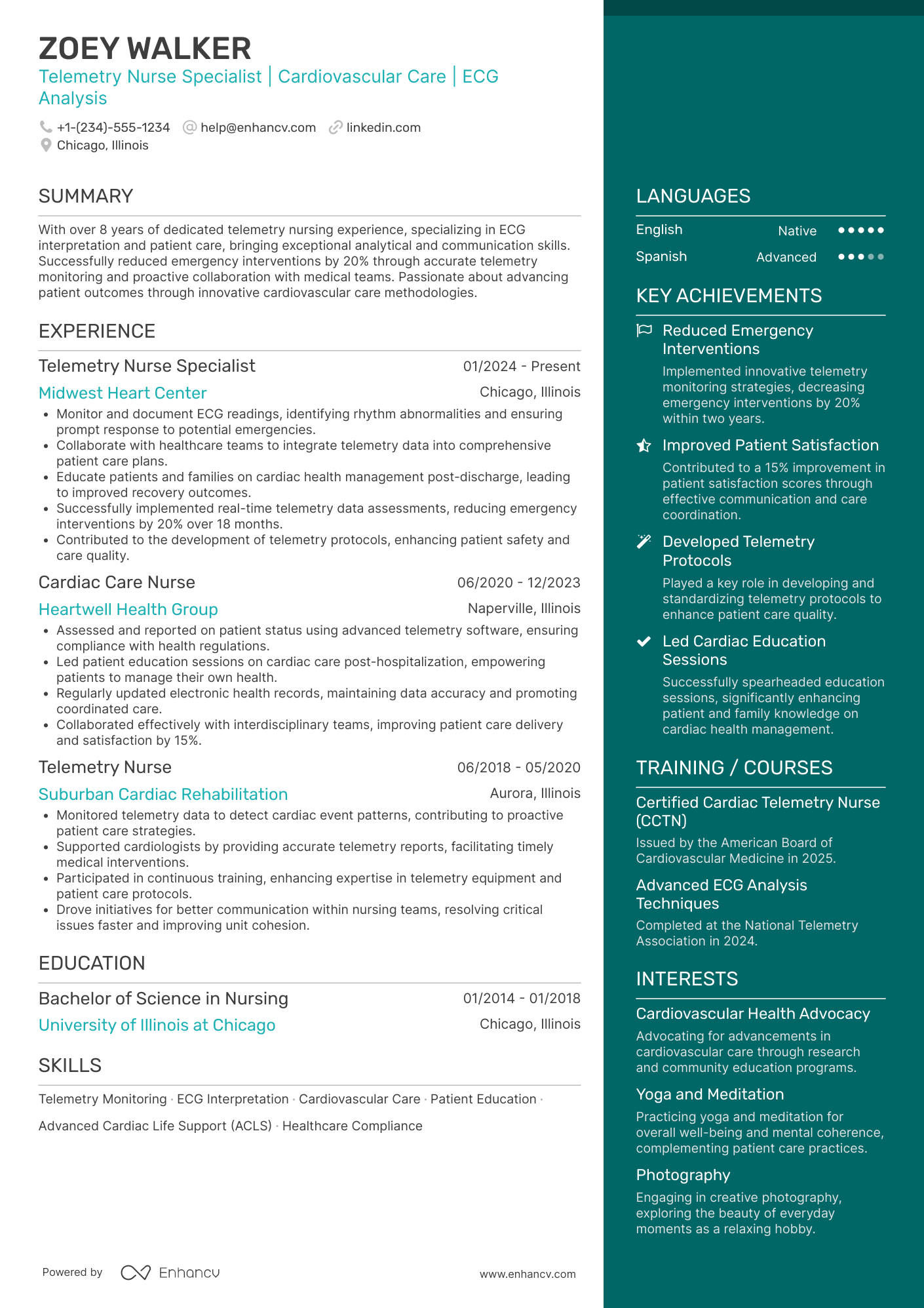 Telemetry Nurse Specialist Resume Example