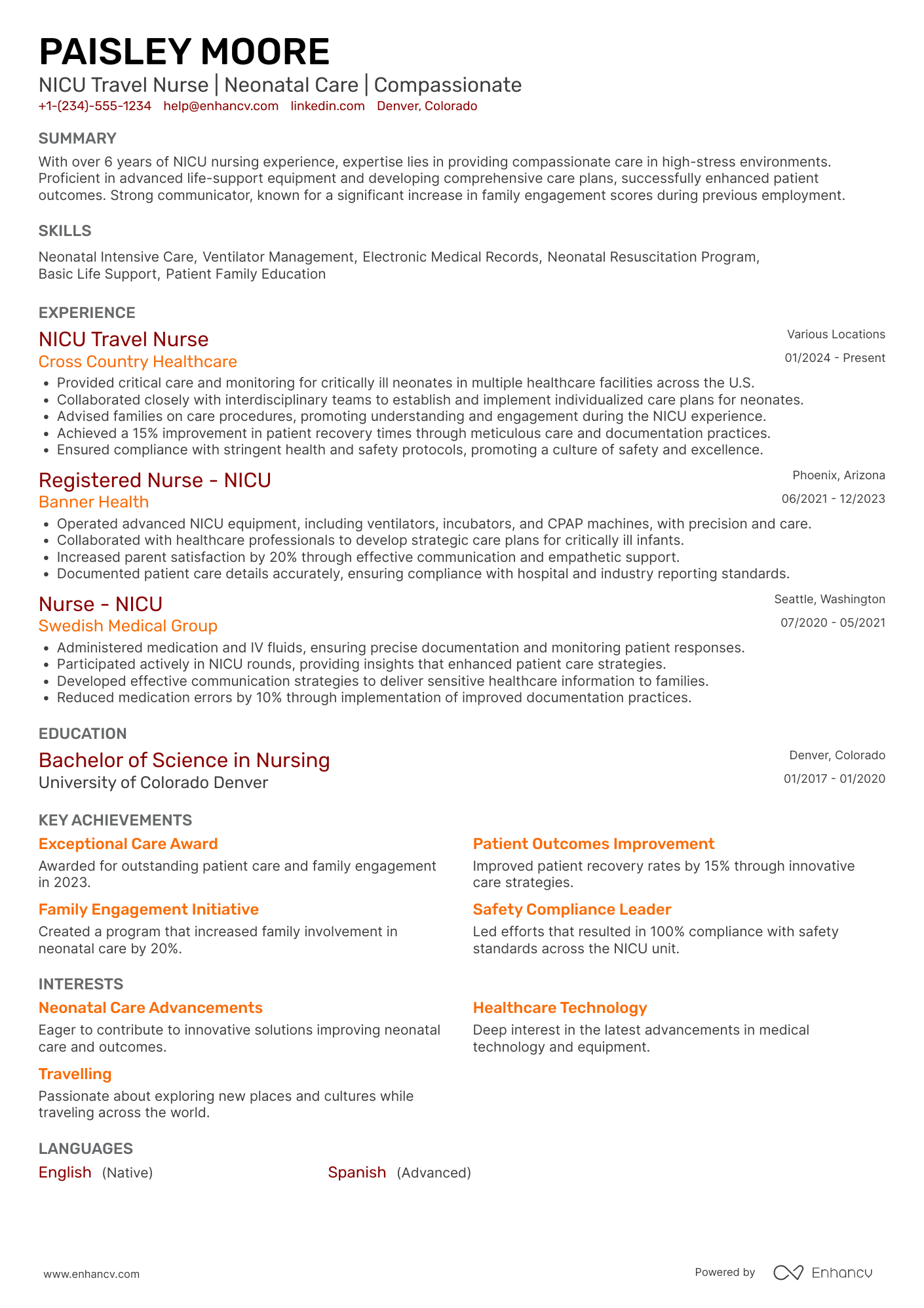 NICU Travel Nurse Resume Example