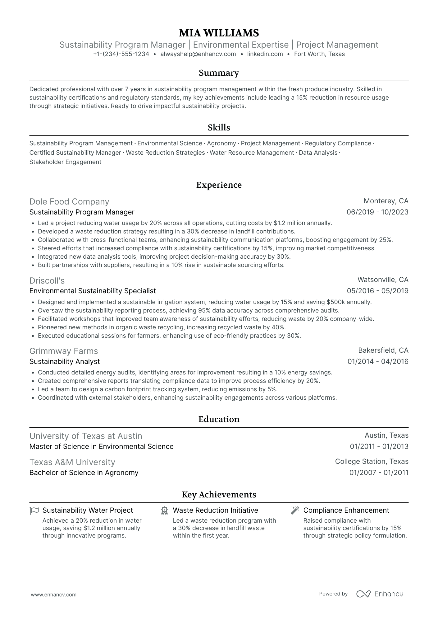 Sustainability Program Manager Resume Example