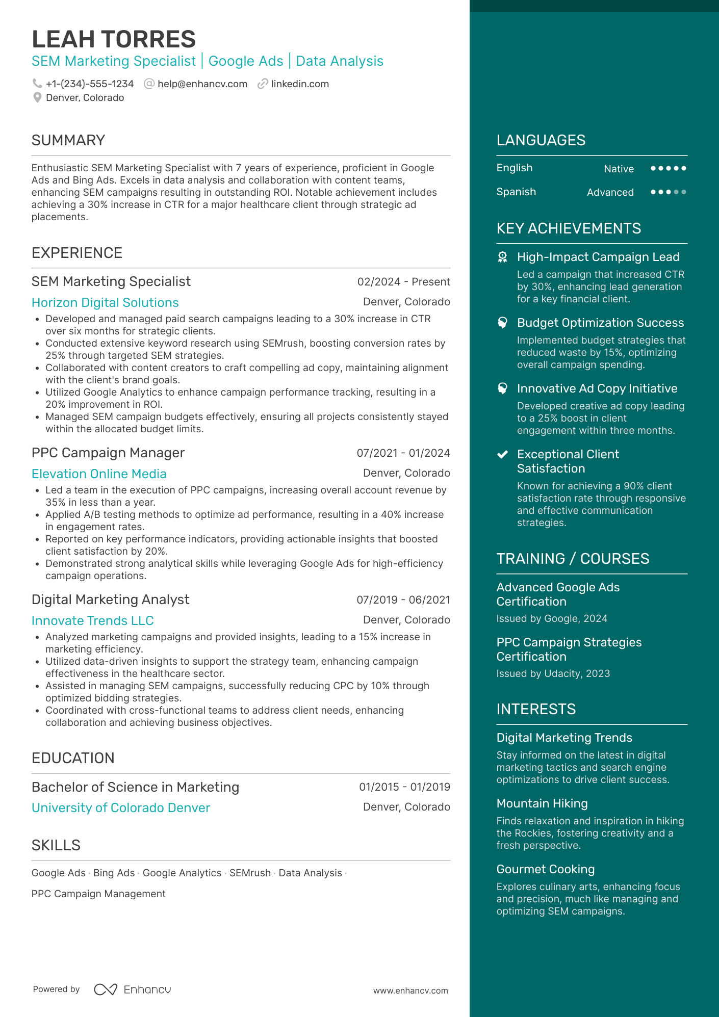 SEM Marketing Specialist Resume Example