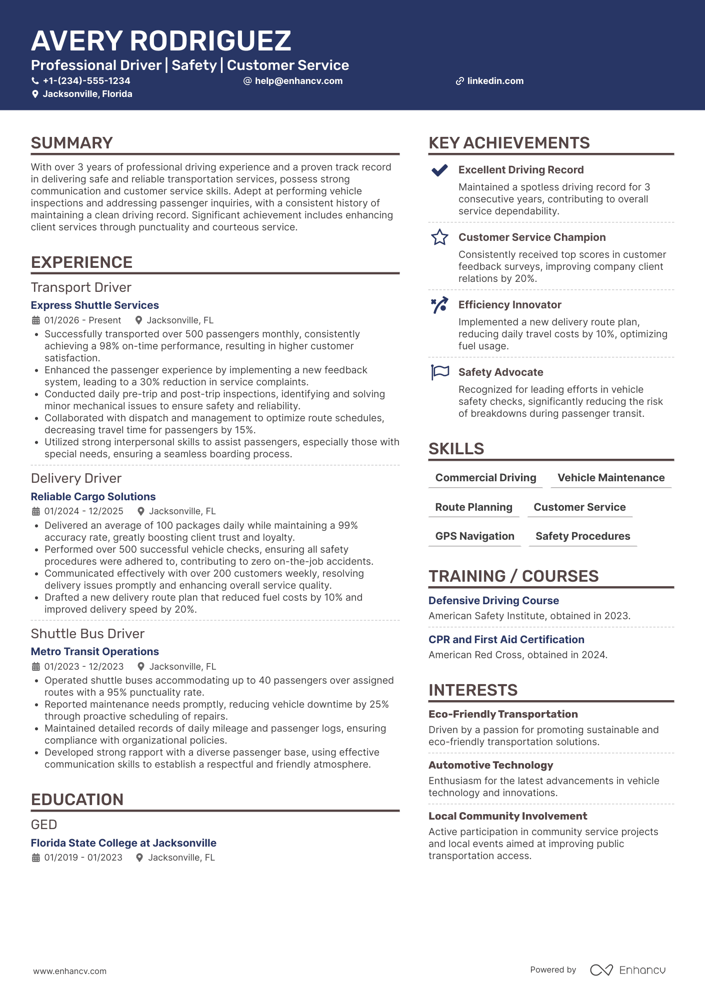 Shuttle Bus Driver Resume Example