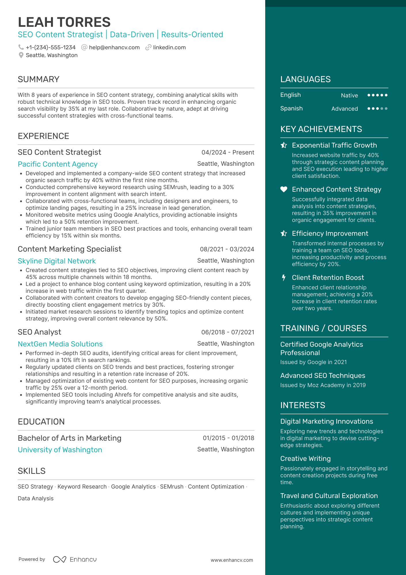 SEO Content Strategist Resume Example