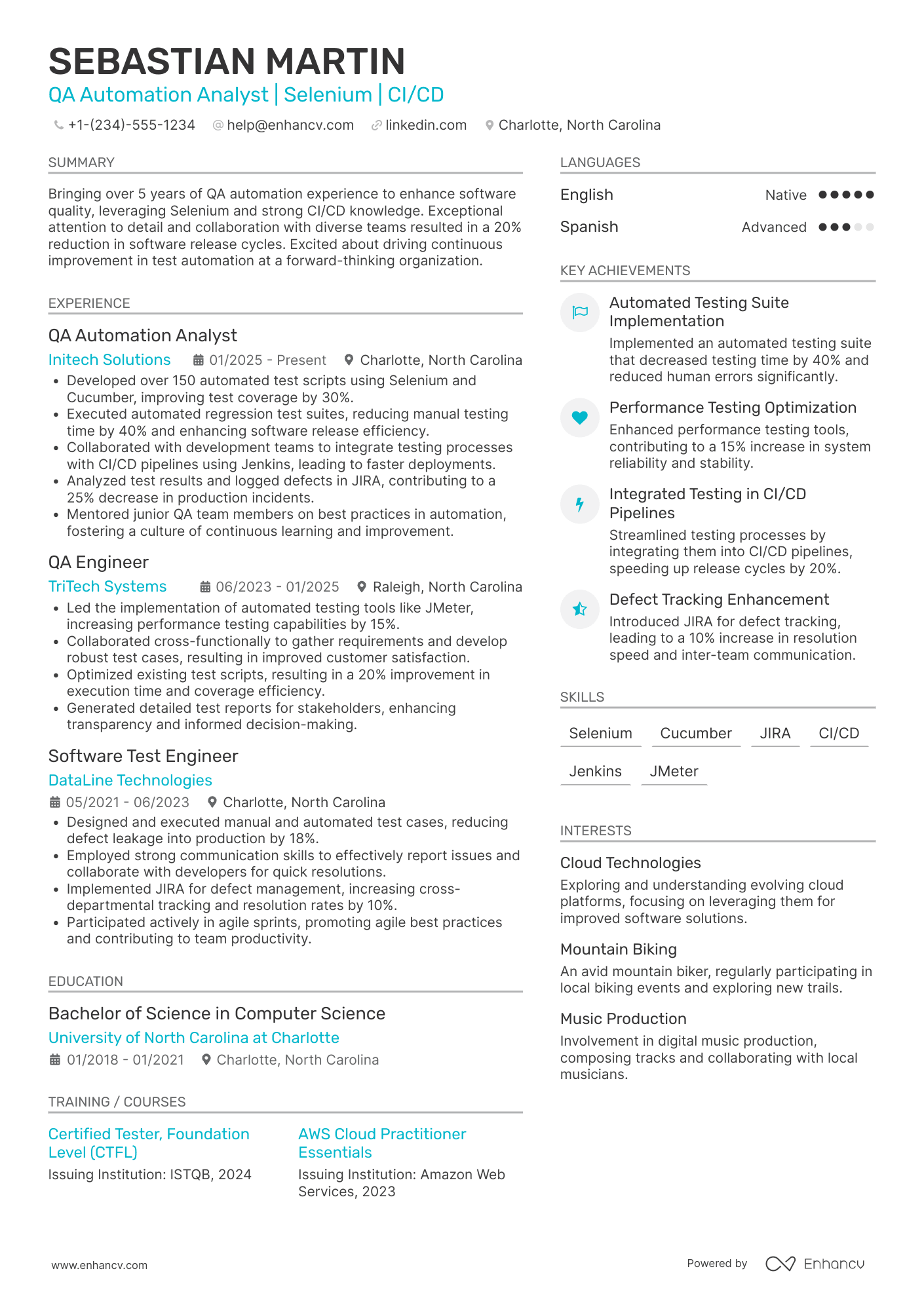 QA Automation Analyst Resume Example
